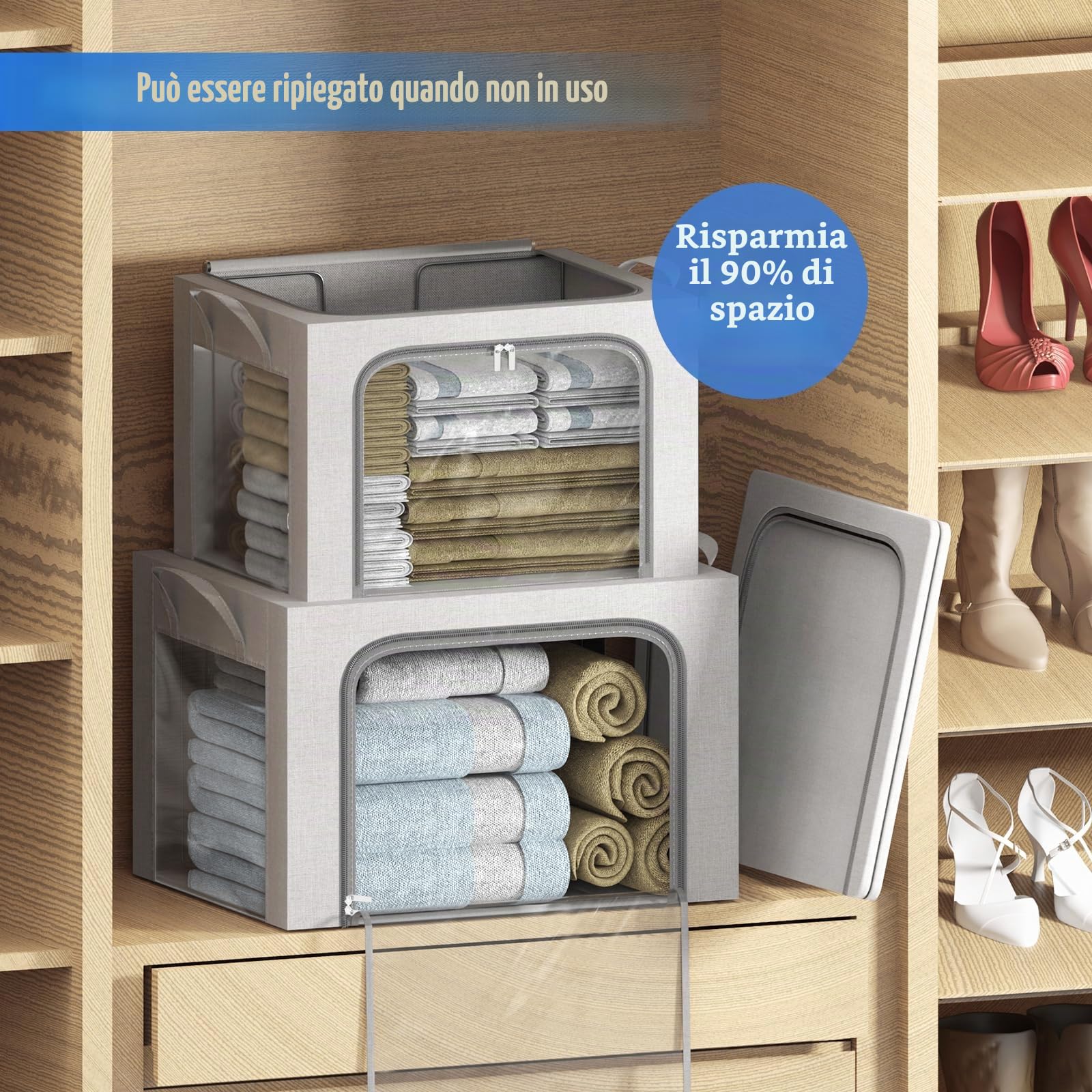 Scatola per riporre vestiti 3 pezzi, Scatola pieghevole per riporre vestiti con telaio in metallo e 3 finestre, Borsa per riporre coperte, biancheria da letto, vestiti, grigio (66L)