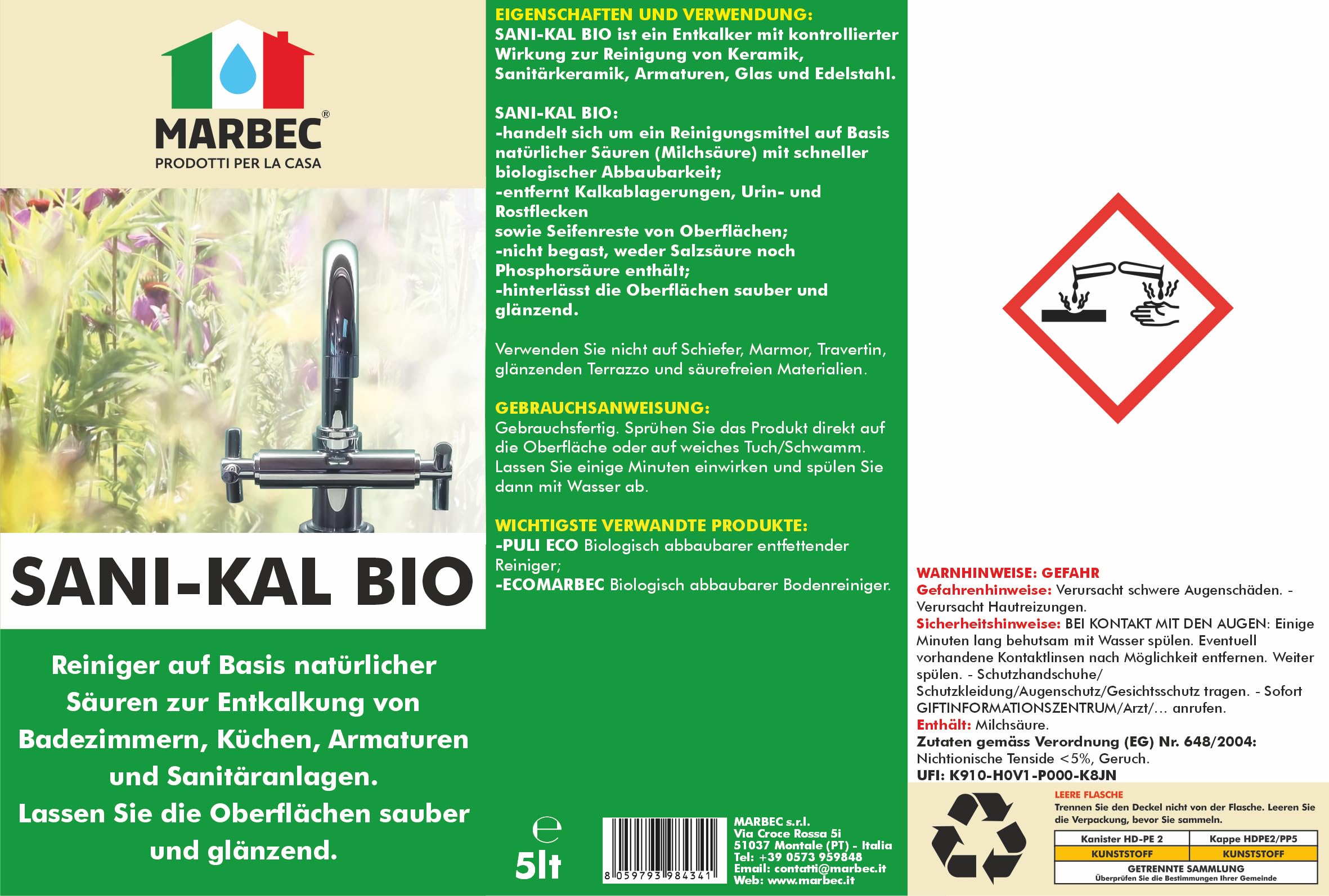 MARBEC SANI-KAL BIO 5LT Reiniger auf Basis natürlicher Säuren zur entkalkenden Reinigung von Bädern, Küchen, Armaturen und Sanitärarmaturen.
