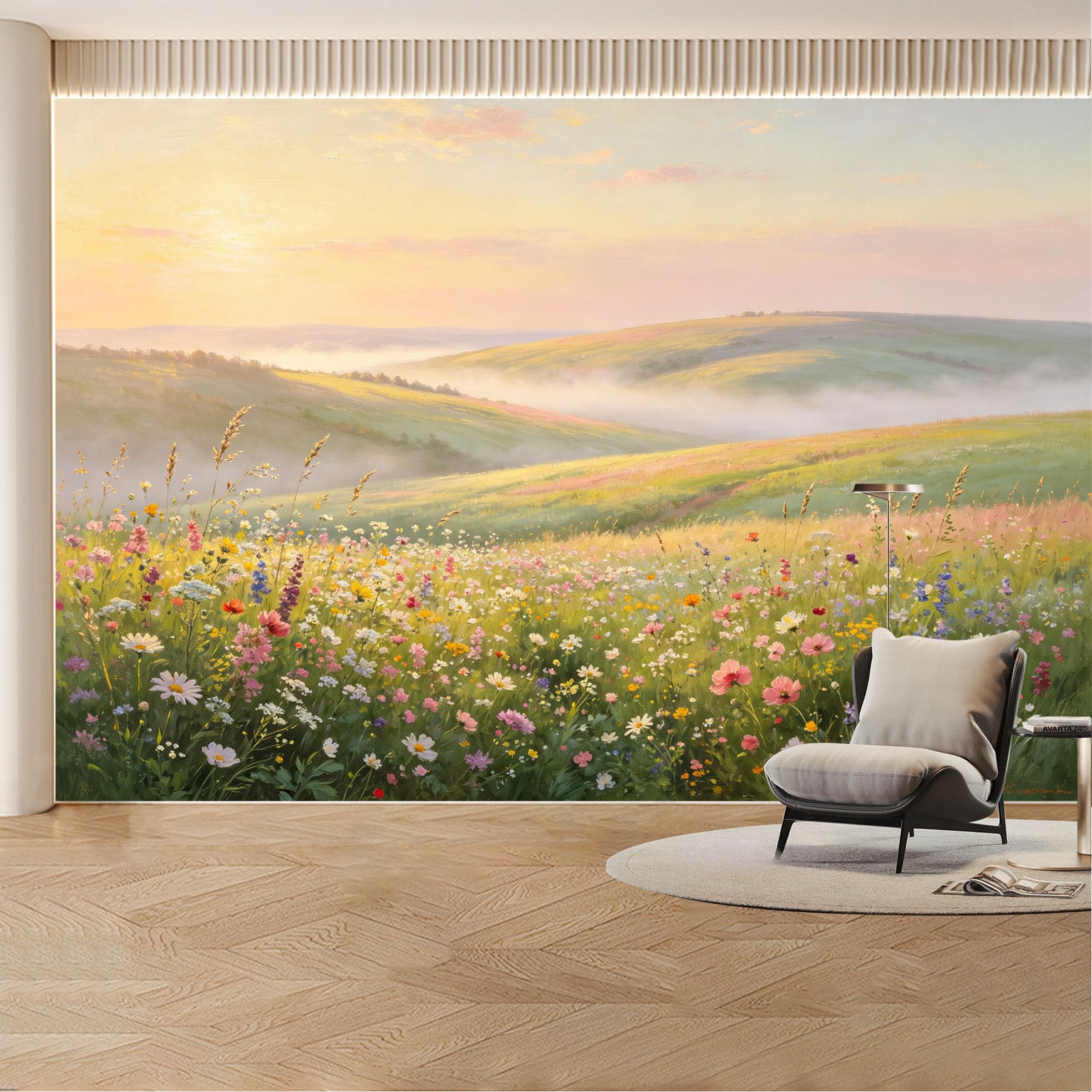 Custom Wall Mural Wallpaper Wildflower Meadow Landscape Nature Large Wall Art Sunset Misty Removable SelfAdhesive Large Photo for Living Room， Bedroom， Office