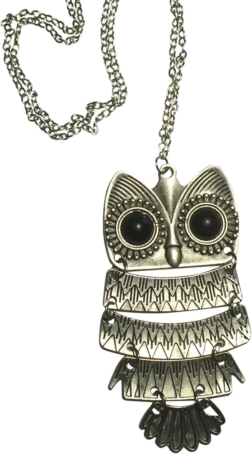 Vintage Owl Necklace - Big Retro Pendant - Long Silver Chain - Best Gift - Girls, Teens, Women