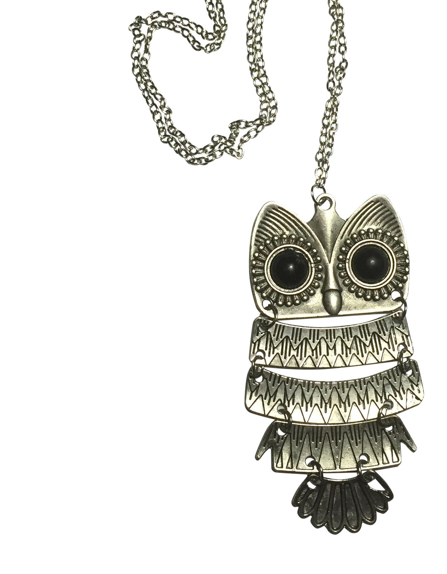 Vintage Owl Necklace - Big Retro Pendant - Long Silver Chain - Best Gift - Girls, Teens, Women