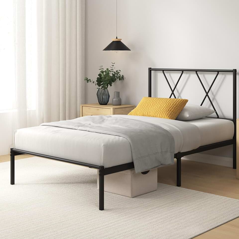 Zinus Elias Somier 90x190 cm - Altura 30 cm - Base Cama Individual en Acero con Cabecero - Láminas de Metal - Montaje Fácil- Espacio de Almacenamiento - Negro