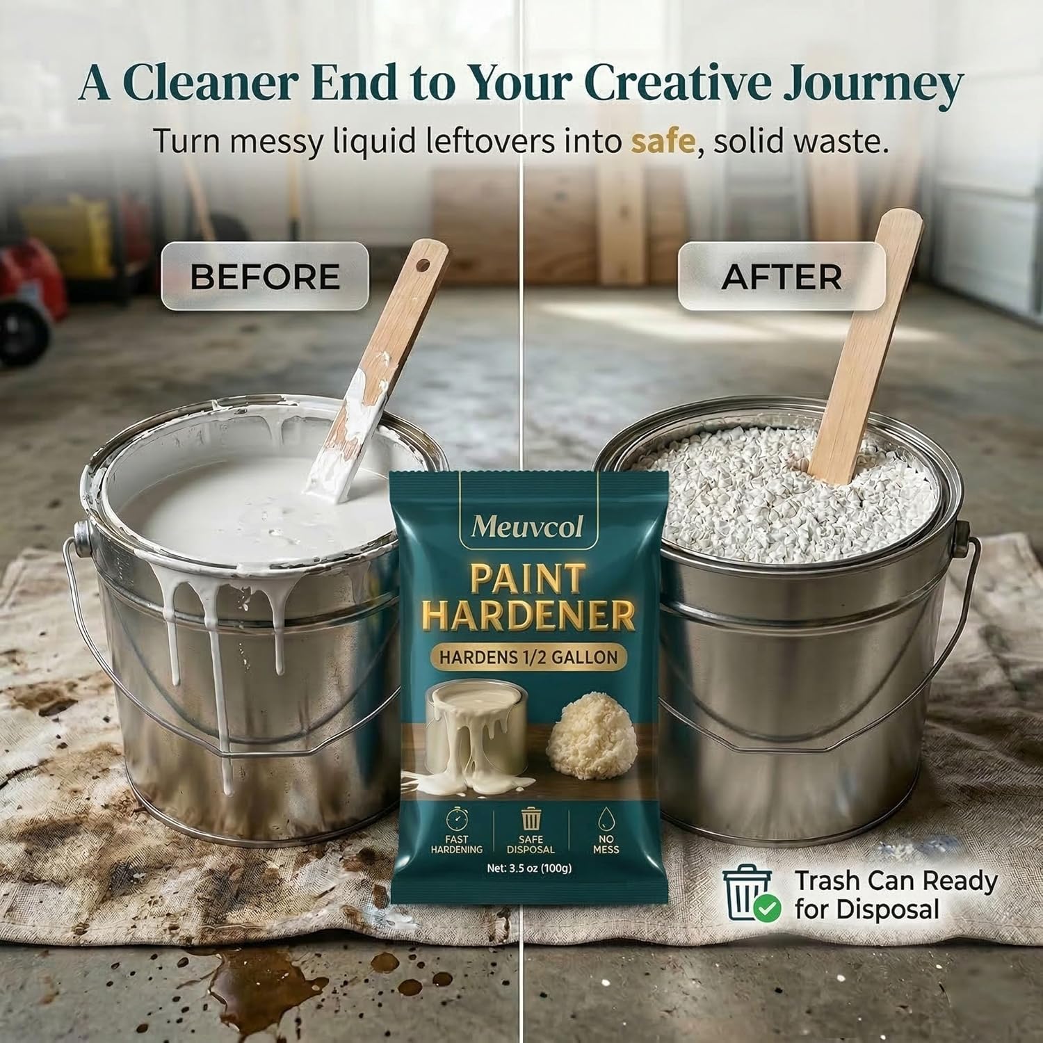 Meuvcol Paint Hardener for Disposal, 12 Pack (3.5 oz Each), 15 Minute Paint Solidifier Powder for Water-Based Latex & Acrylic Paint, Treats 6 to 8 Gallons, Easy Waste Paint Cleanup