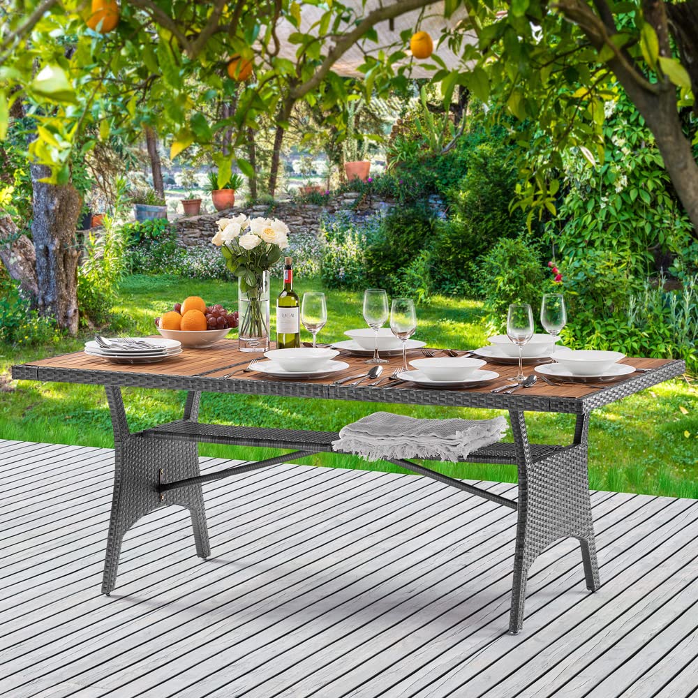 Casaria Tavolo da Giardino in Polyrattan Ripiano in Legno di Acacia 190x90x74cm Regolabile in Altezza per Esterno Pranzo Terrazza