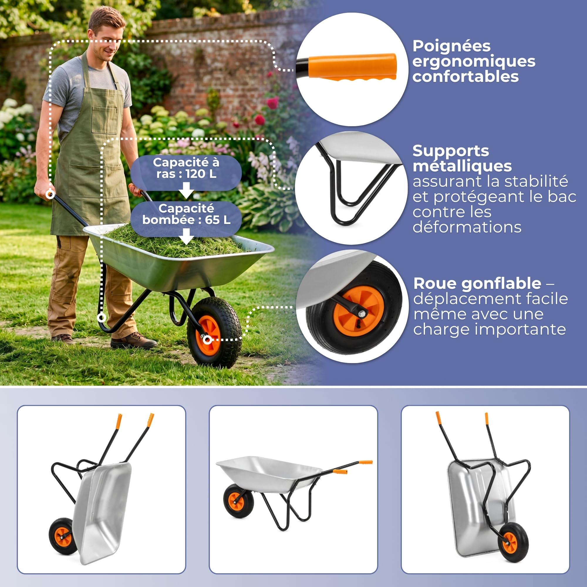 Springos Brouette de 120 L avec pneus à air et bac en acier galvanisé, capacité de charge jusqu'à 100 kg, pour jardin, construction, patio, atelier, couleur argent et orange