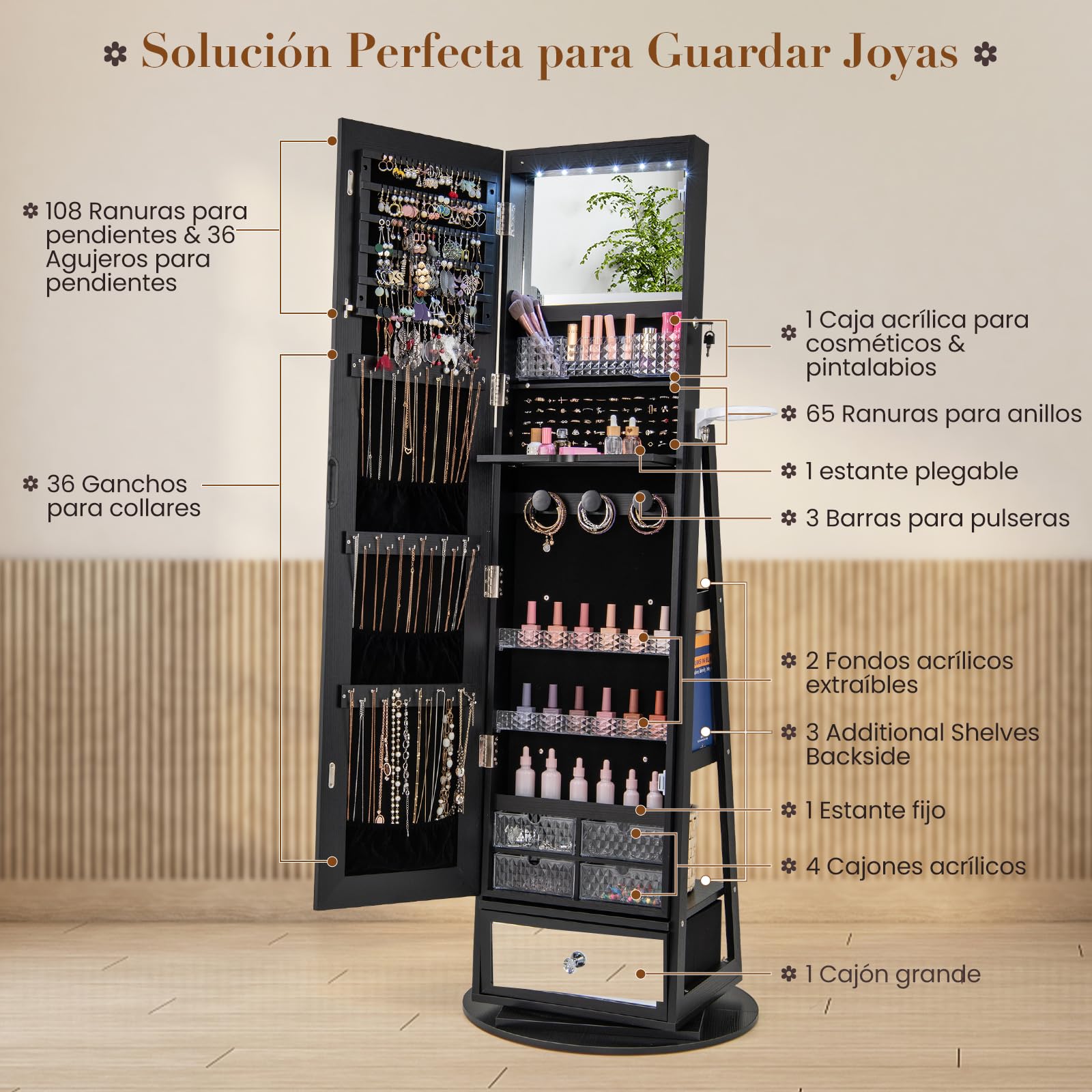 COSTWAY Armario Joyero con Luces LED, Espejo Entero Giratorio 360°, Cerradura, Estante para Secador, Negro