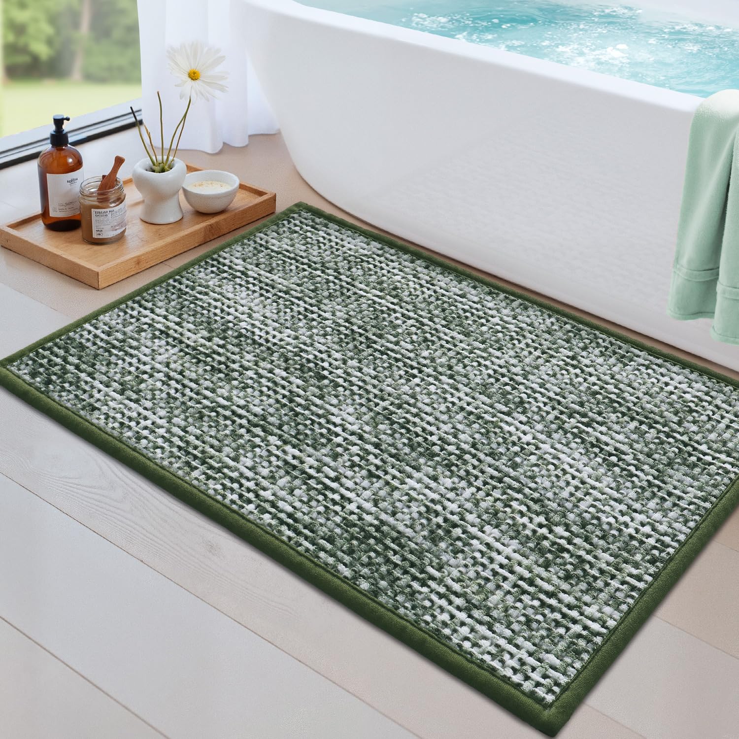 DEXI Bath Mats for Bathroom, 16x24 Absorbent Bath Mat Quick Dry, Washable Chenille Bathroom Rugs with Non Slip Rubber Backing for Shower Floor, Olive