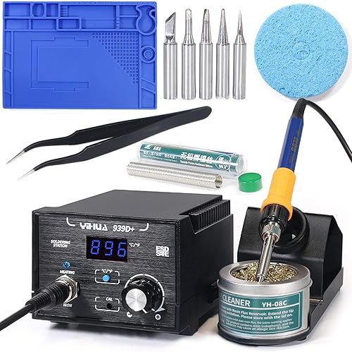 YIHUA Paquete de estación de soldadura profesional 939D+ con tapete de reparación electrónica M180 de 17.32 x 12.20 pulgadas con soporte de hierro,