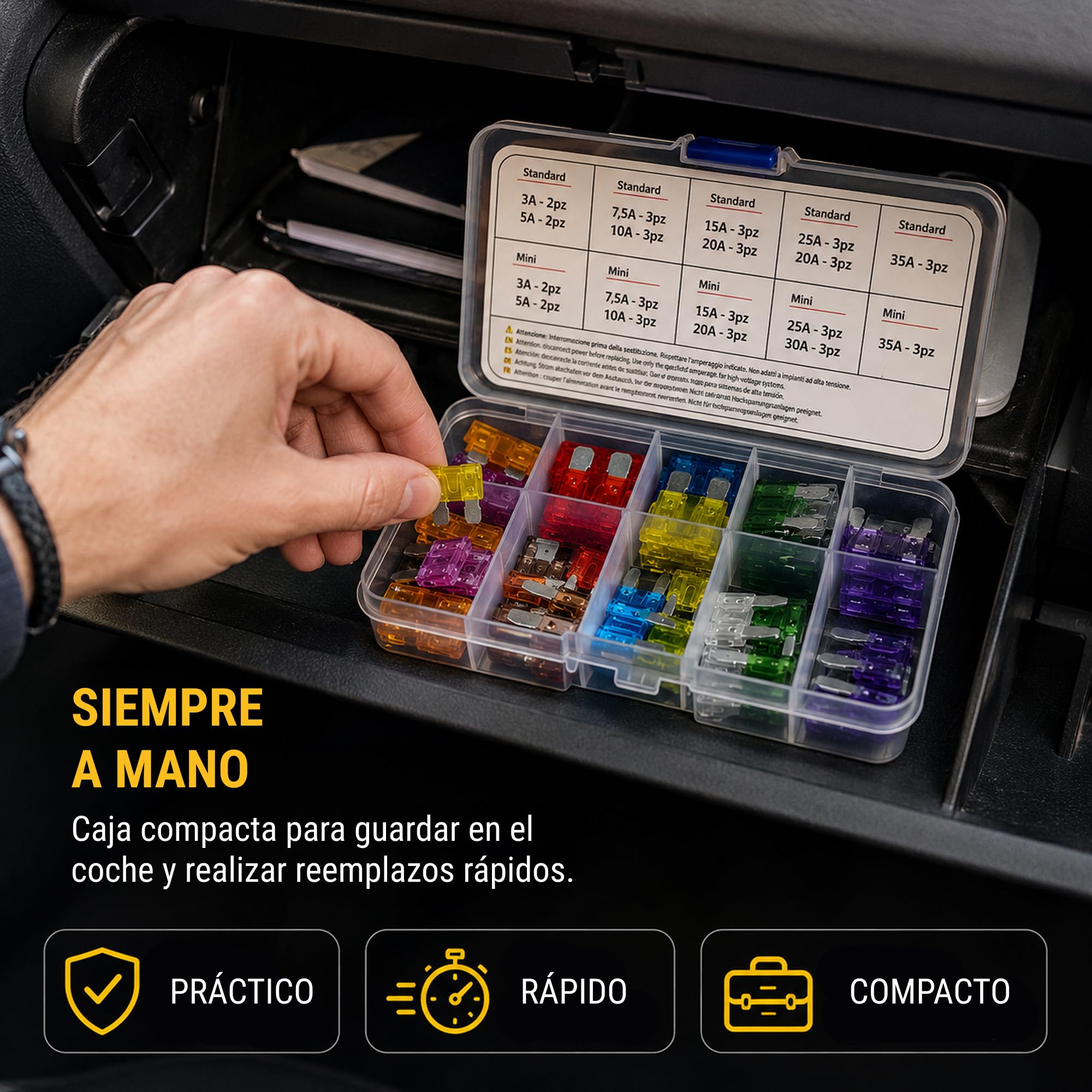 Fusibles de Cuchilla Tipo Europeo – Kit 50 Piezas Surtido | Mini y Estándar 3A-35A | 12V 24V Auto Coche Moto Caravana | Caja Organizada CE