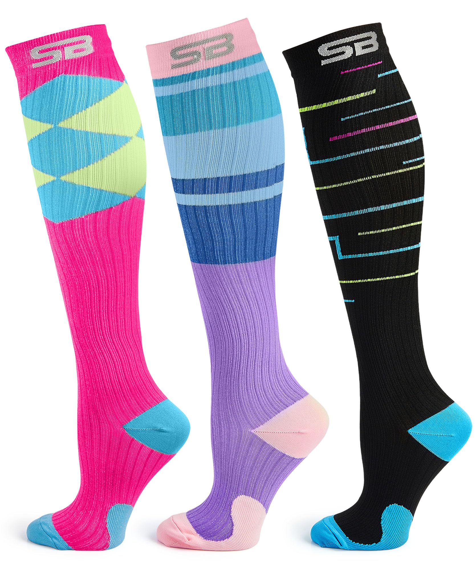 SB SOX 3-Pair Compression Socks (15-20mmHg) | Best Compression Socks for Flying, Medical, Sports, Wide Calf Fit, Pregnancy, and Daily Wear L/XL 06 – Multi-color