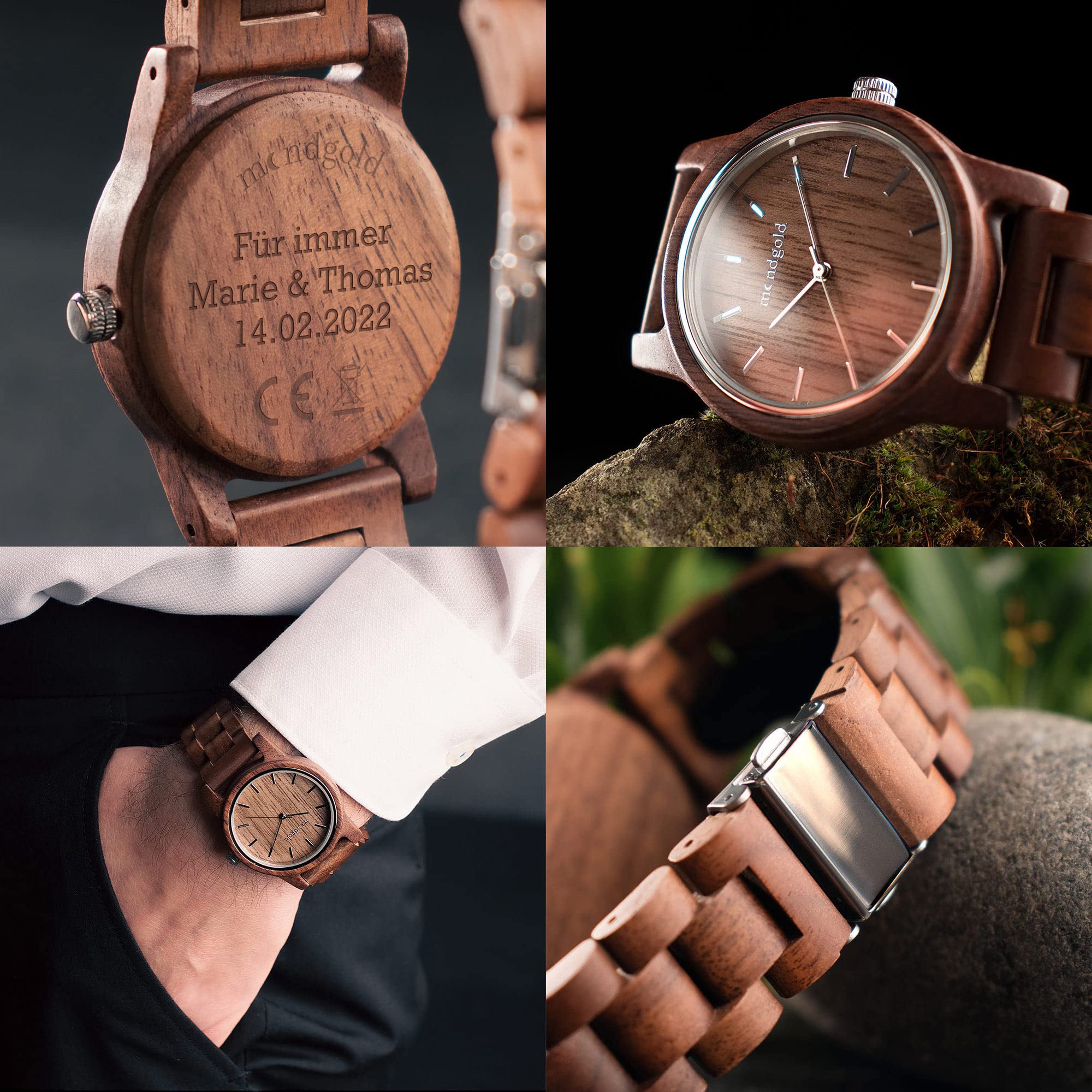 Reloj de madera analógico de cuarzo con caja de almacenamiento