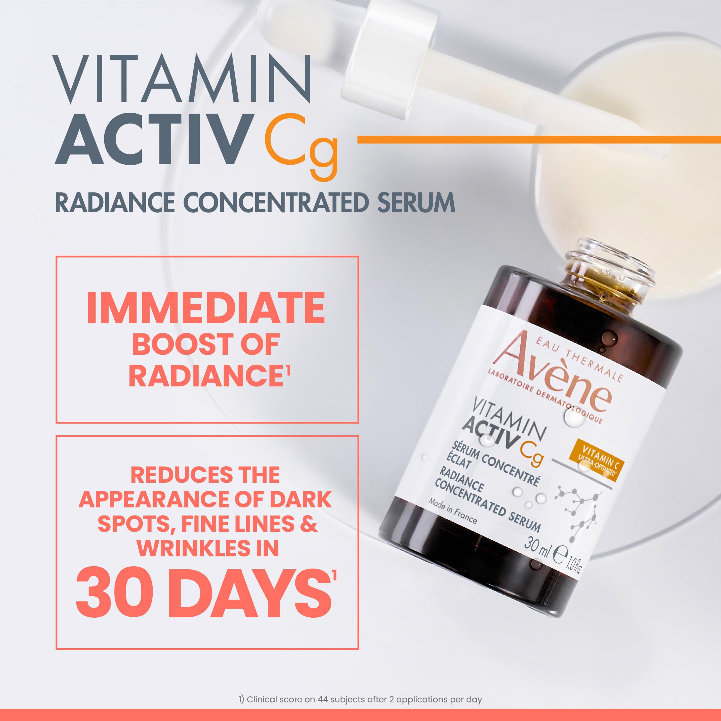 Avène Vitamin Activ Cg Radiance Concentrated Serum, Radiance Boosting Vitamin C Serum, powered by Vitamin Cg + Niacinamide + Bakuchiol, Visbily Reduce Wrinkles, Dark Spots & Fine Lines, 1 FL Oz