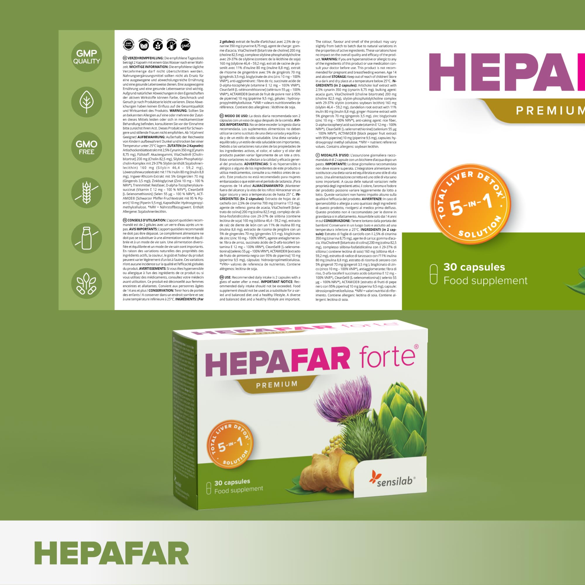 Hepafar Forte Premium Detox, Chardon-Marie, Artichaut, Complexe de Pissenlit, 60 gélules, Vitamine E, Phospholipides, Sensilab