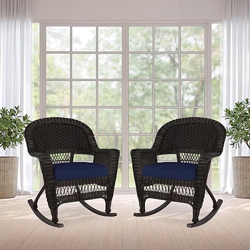 Miniatura 4 de Jeco Silla Rocker de mimbre con cojín azul, juego de 2, color espresso