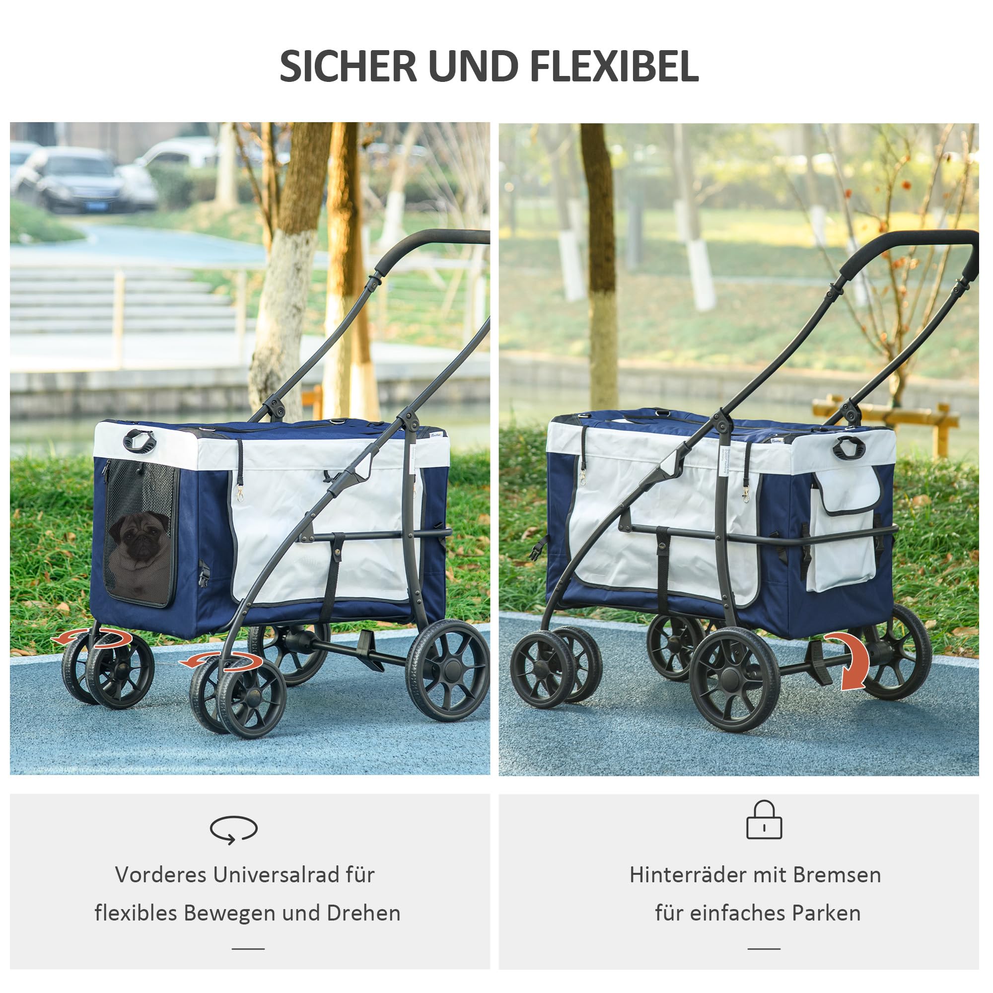 PawHut 2 in 1 Hundewagen Hundebuggy klappbar für Hunde & Katzen bis 10 kg Katzenbuggy mit Kissen Netzfenstern Türen Aufbewahrungskorb Katzenwagen Buggy Blau
