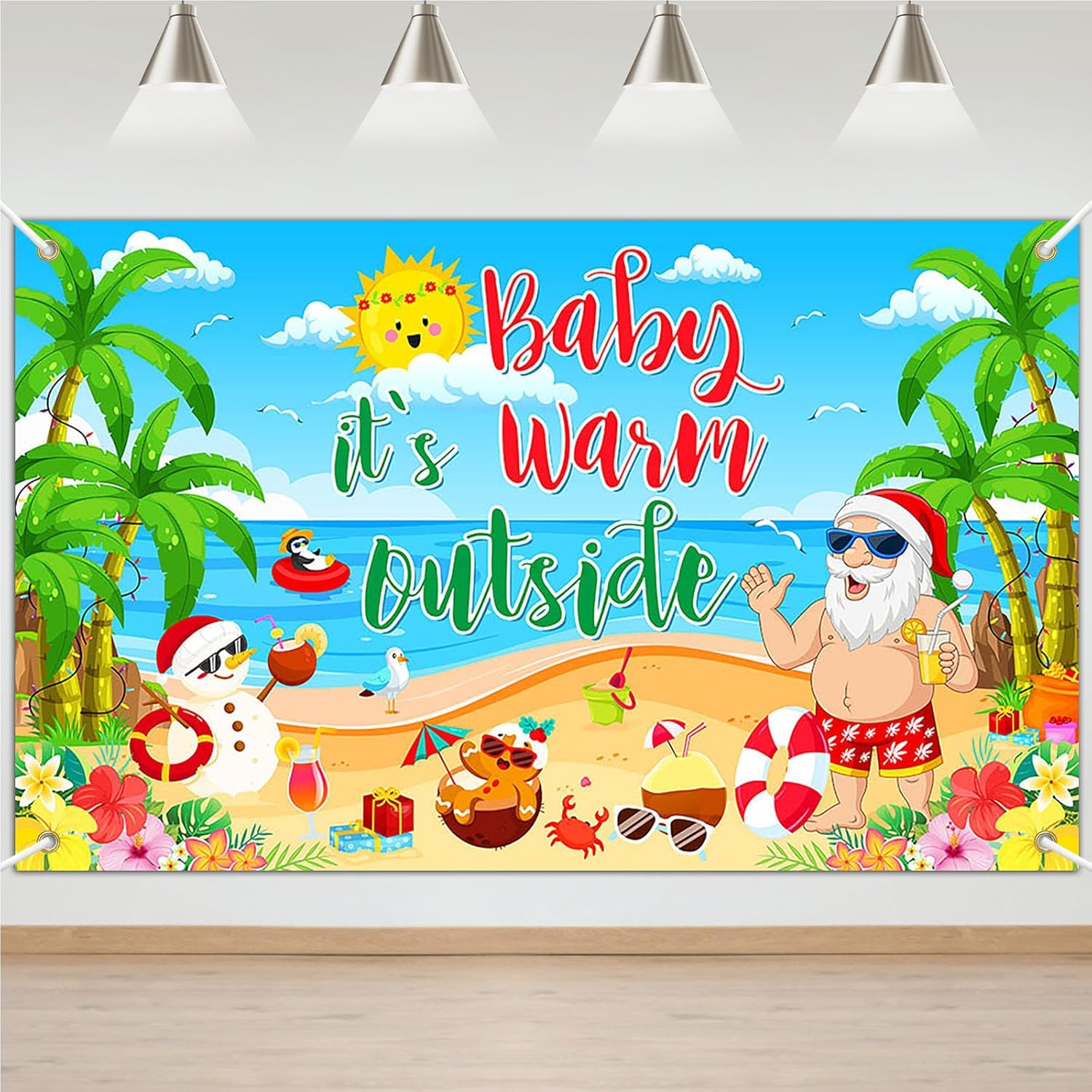 Avezano Summer Christmas Backdrop Baby Its Warm Outside Banner Hawaiian Santa Snowman Banner for Family Holiday Party Supplies 70.8 x 43.3 Inch