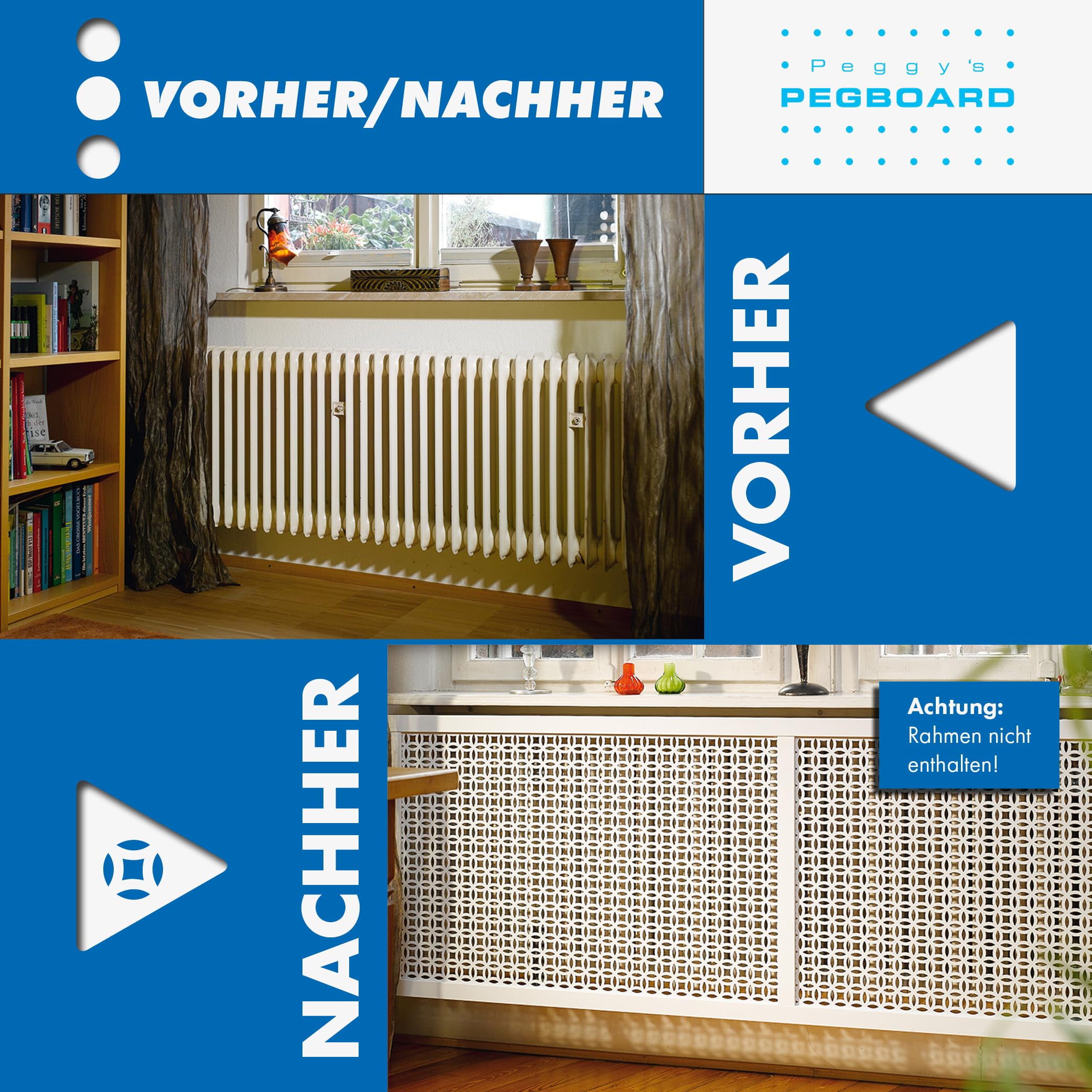 PEGBOARD - Dhaka Lochwand 122 x 61 x 0,3 cm MDF Holzplatte weiß lackiert Heizkörperverkleidung, Türfüllung, Paravent oder Lüftungsgitter (Einzelpack 1x Lochwand)