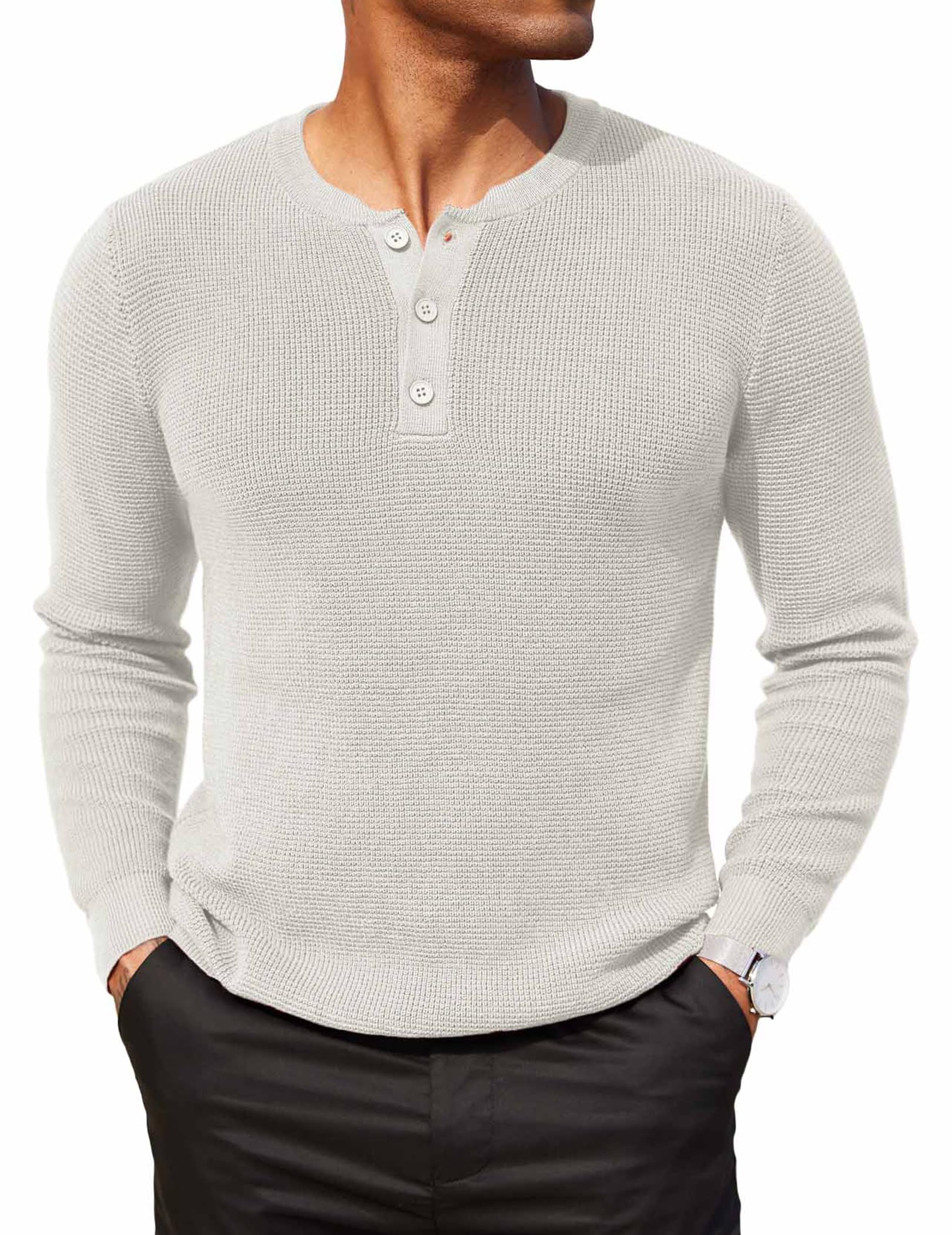COOFANDY Herren Henley Pullover Strickpullover Winterpullover mit Knöpfe Sweater Grobstrickpullover Waffel Pulli