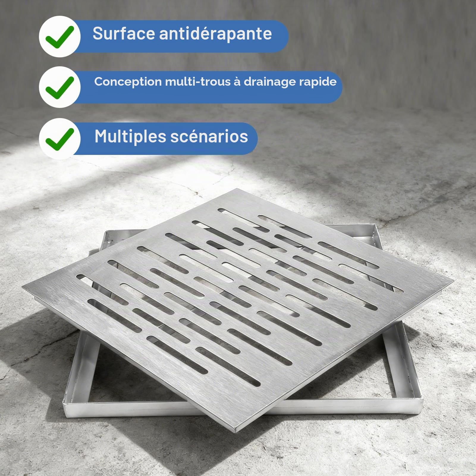Siphon de sol en acier inoxydable avec cadre, couvercle de drainage extérieur, grille d'évacuation d'eau de pluie, carré antidérapant pour sol de jardin en stock avec cadre (200 x 200 x 20 mm)