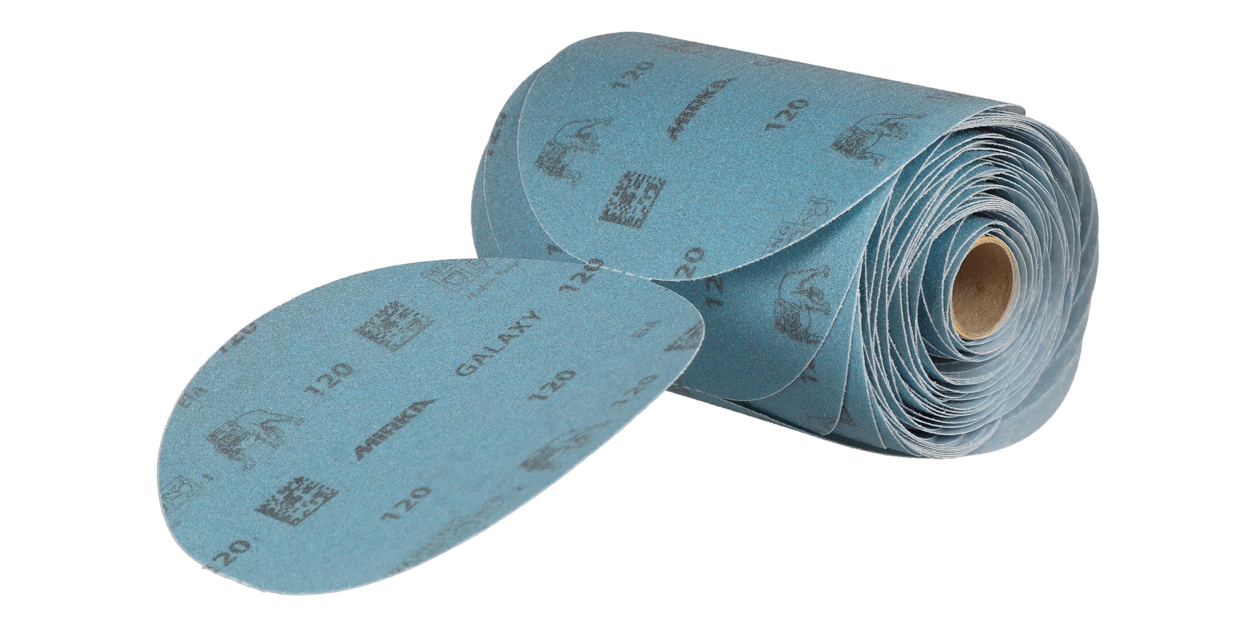 Mirka Galaxy Papier abrasif 6" – Grain 120, 100 disques/Linkroll – Autocollant PSA – Abrasif de qualité supérieure pour résine époxy, bois, métal, technologie anti-encrassement, auto-affûtant, idéal