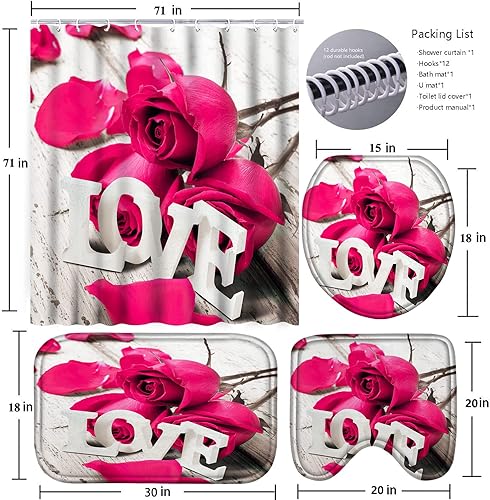 Miniatura 6 de Poedist Juego de 4 cortinas de ducha de baño, cortina de ducha rosa rosa, juego de cortina de ducha para el día de San Valentín con alfombras