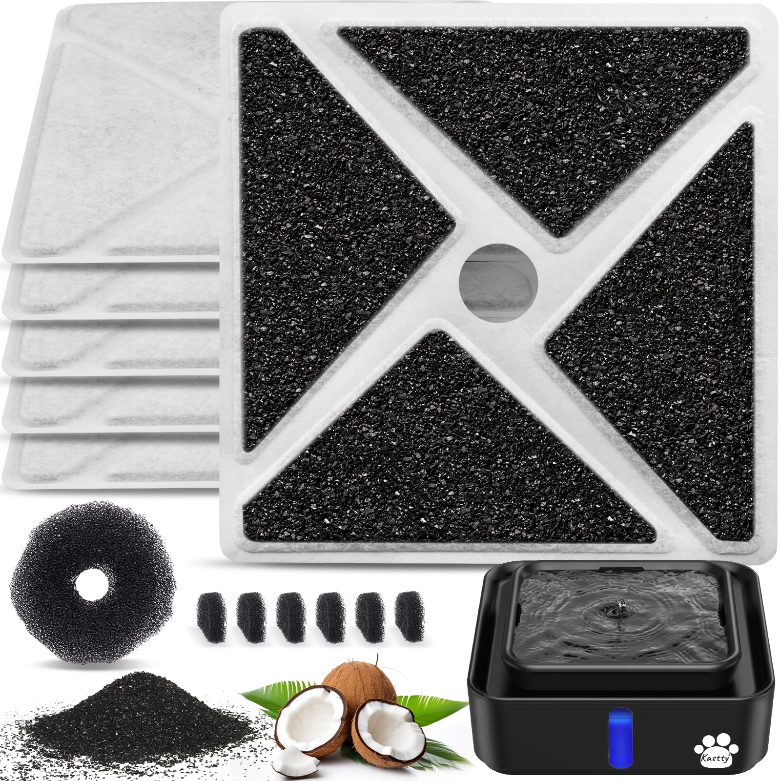 Kastty14L/3.8Gal Large Dog Water Fountains Replacement F- ilters 6 Pack, Largest 9", Square Ultrafiltration, More Activated Carbon, Food Grade, 6 + 6 P ump F ilter + 1 Circle F ilter