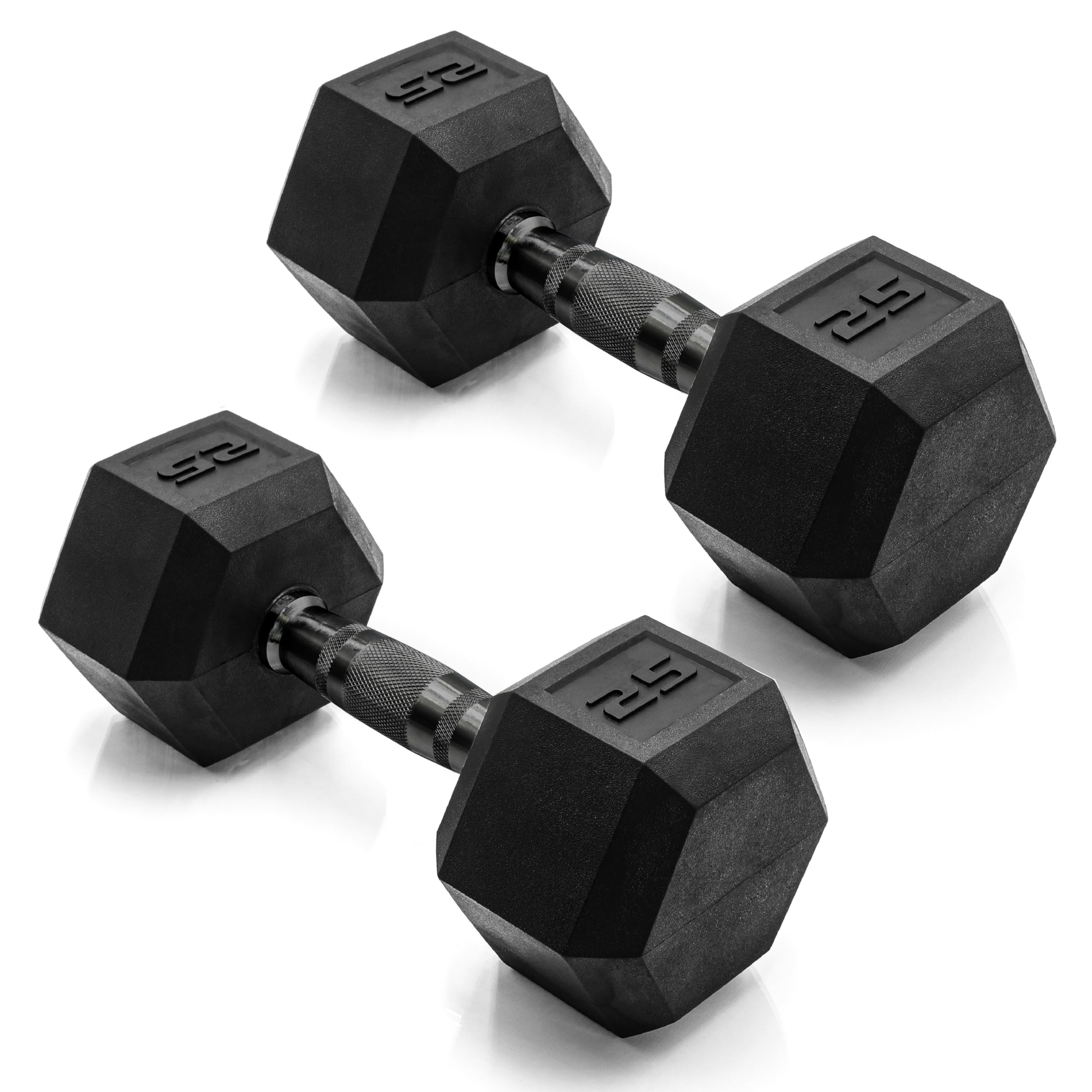 CAP Rubber Coated Dumbbell Weights, Free Weights for Home Gym Strength Training, Anti-Roll Hex Dumbbells with Black, Chrome & Comfort Grip Handles, Pairs & Sets