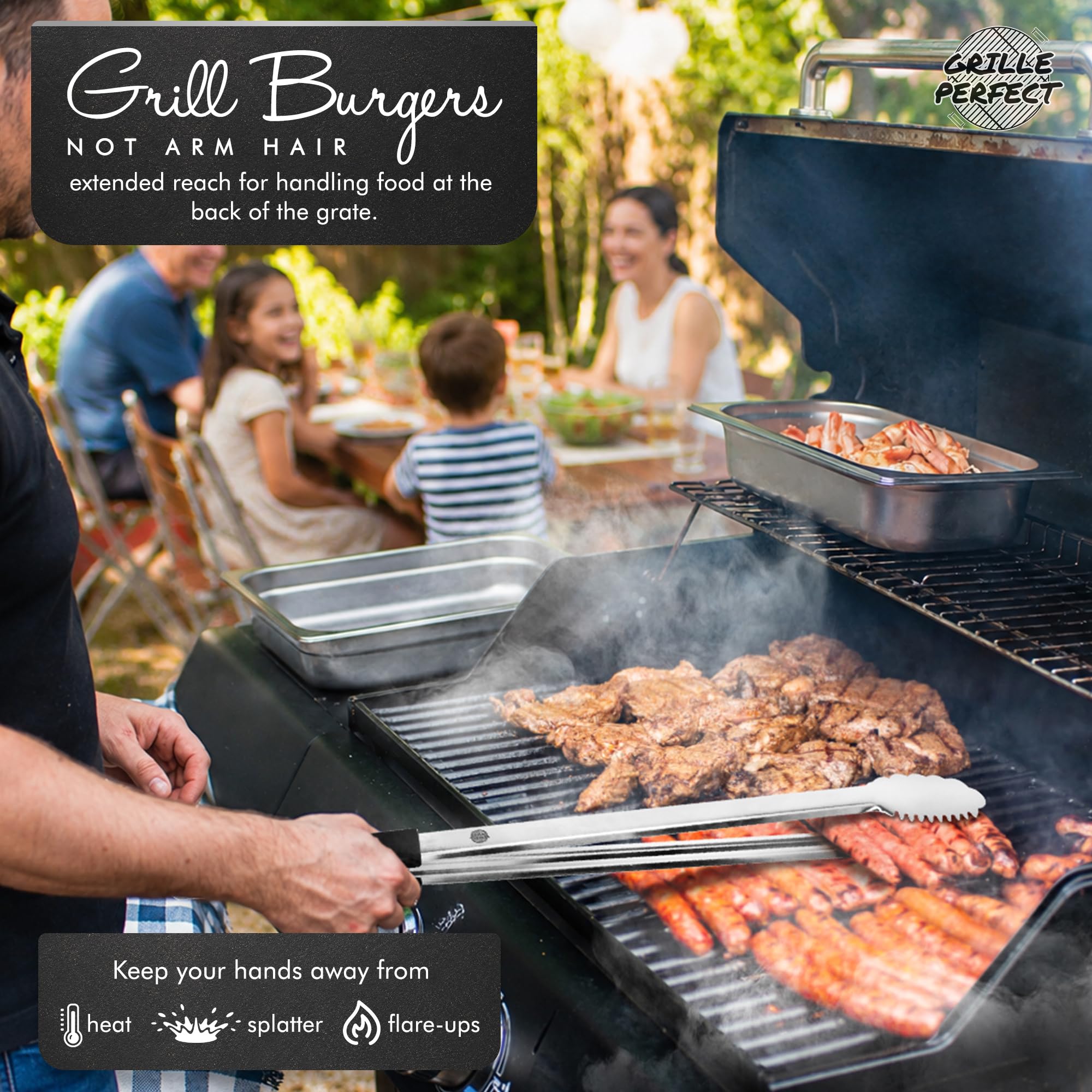Super lange (61 cm) Edelstahlzange zum Grillen - robustes Metall-Grillbesteck, Gas- und Holzkohlegrill, Chelf Küche Essen Servieren Grillwerkzeuge Silikongriff Fleisch Greifen & Braten