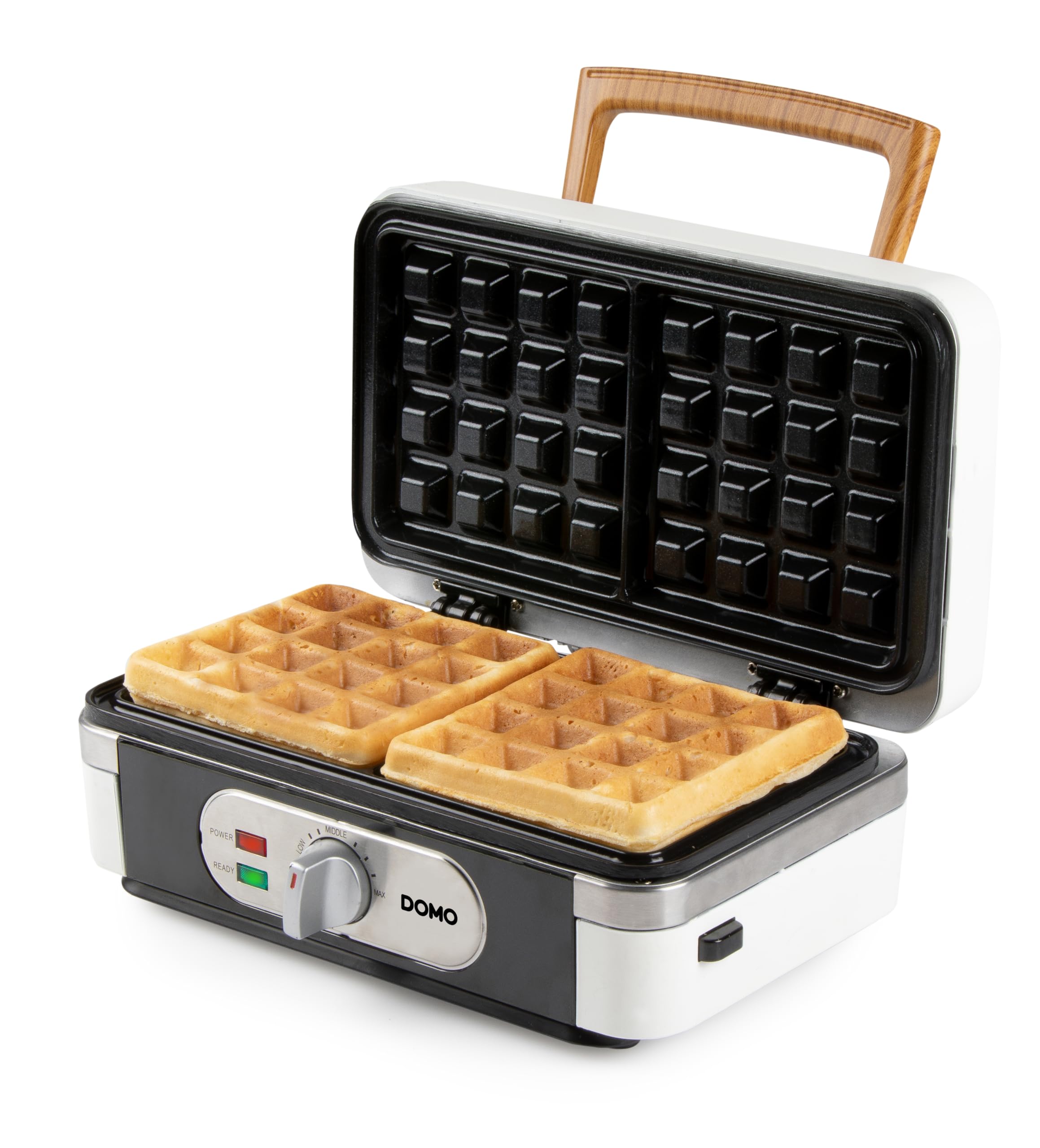 DOMO DO9277C Snackmaker 3 en 1 - Design de luxe en bois - PFAS FREE - Croque-Monsieur, Gaufrier et Gril - Pieds Anti dérapants - Plaques de cuisson interchangeables - 1100W - Blanc Poudré