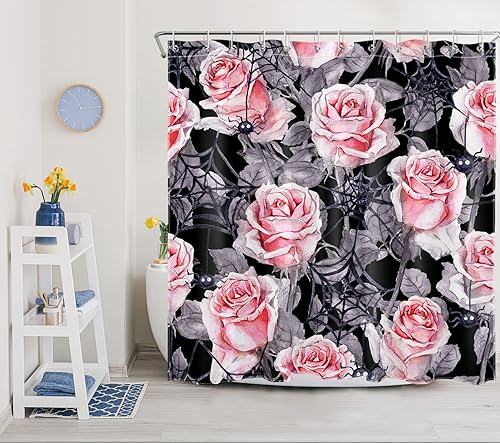 Miniatura 4 de Cortina de ducha de Halloween aterradora para decoración de baño, telaraña de terror y flores rosas sobre negro, juego de cortina de ducha