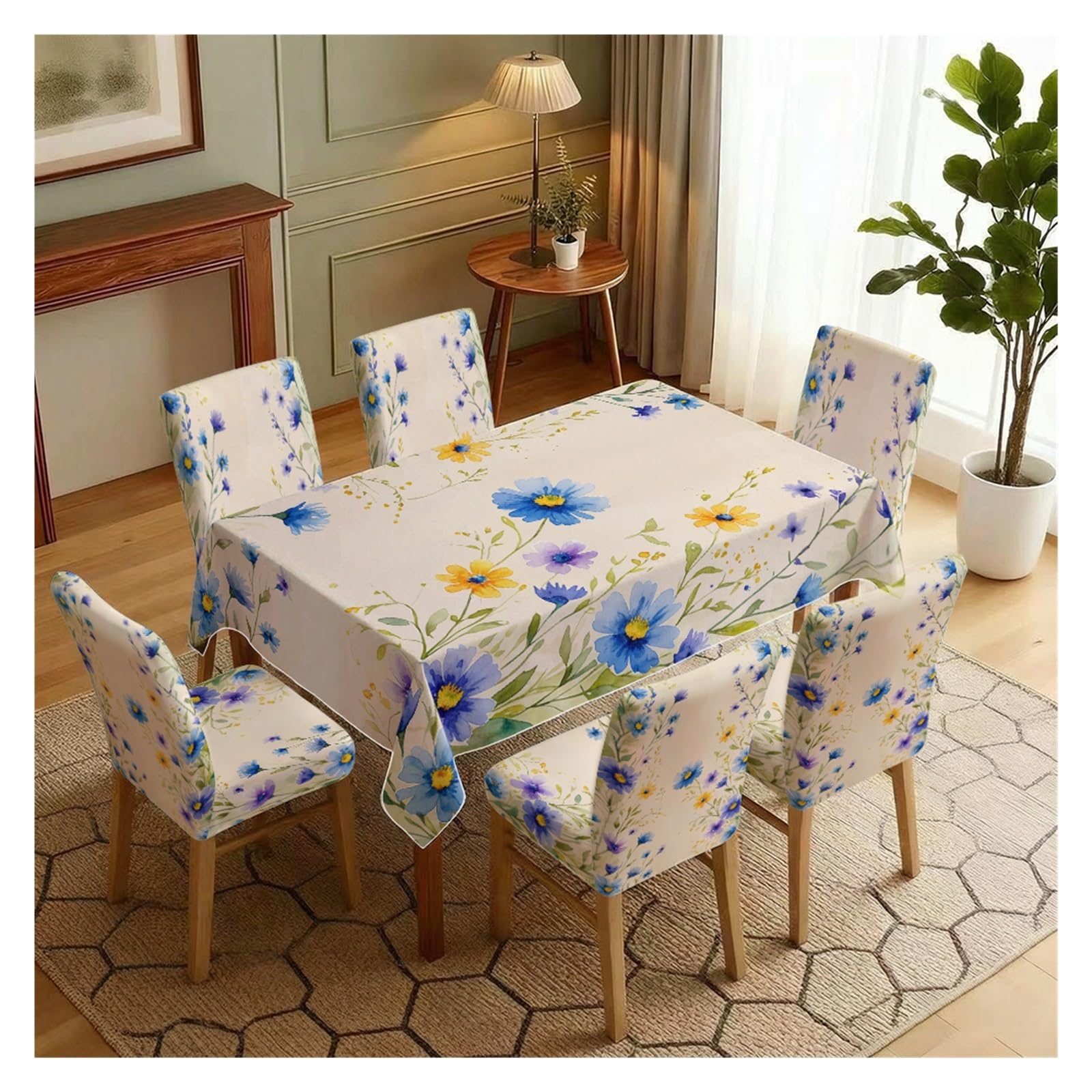 BOSUYBN Watercolor Blue Yellow Wildflower Floral Dining Tablecloth & Chair Covers Set, 5/7 Piece Fresh Cottagecore Farmhouse Dining Room Home Decor Table Setting(7pcs Set: Tablecloth+Chair Covers)