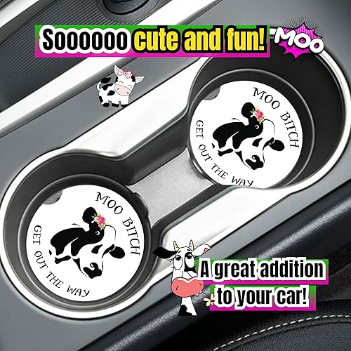 Miniatura 2 de Posavasos de vaca para portavasos  Paquete de 2 bonitos accesorios de automóvil con estampado de vaca para mujeres, divertida decoración de cosas de