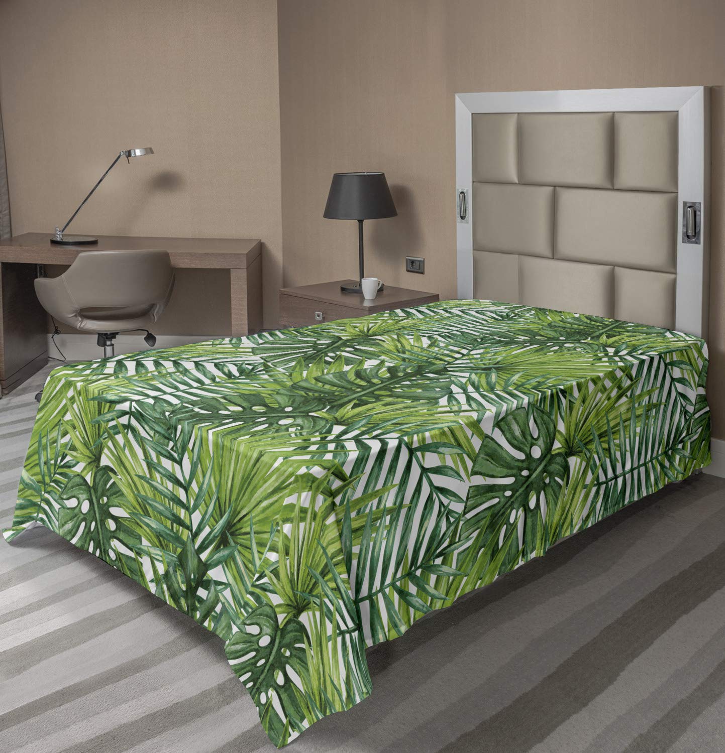 Ambesonne Leaf Flat Sheet, Tropical Exotic Banana Forest Palm Tree Leaves Watercolor Design Image, Soft Comfortable Top Sheet Decorative Bedding 1 Piece, Twin Size, Pale Green Dark Green