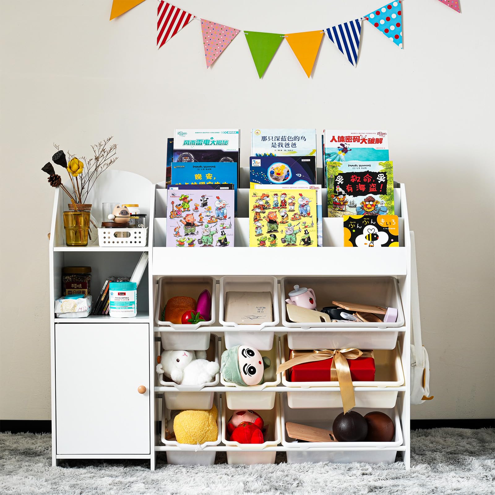 Amazon.co.jp: 絵本棚＆おもちゃ収納ラック 木製 大容量 引き出し付き