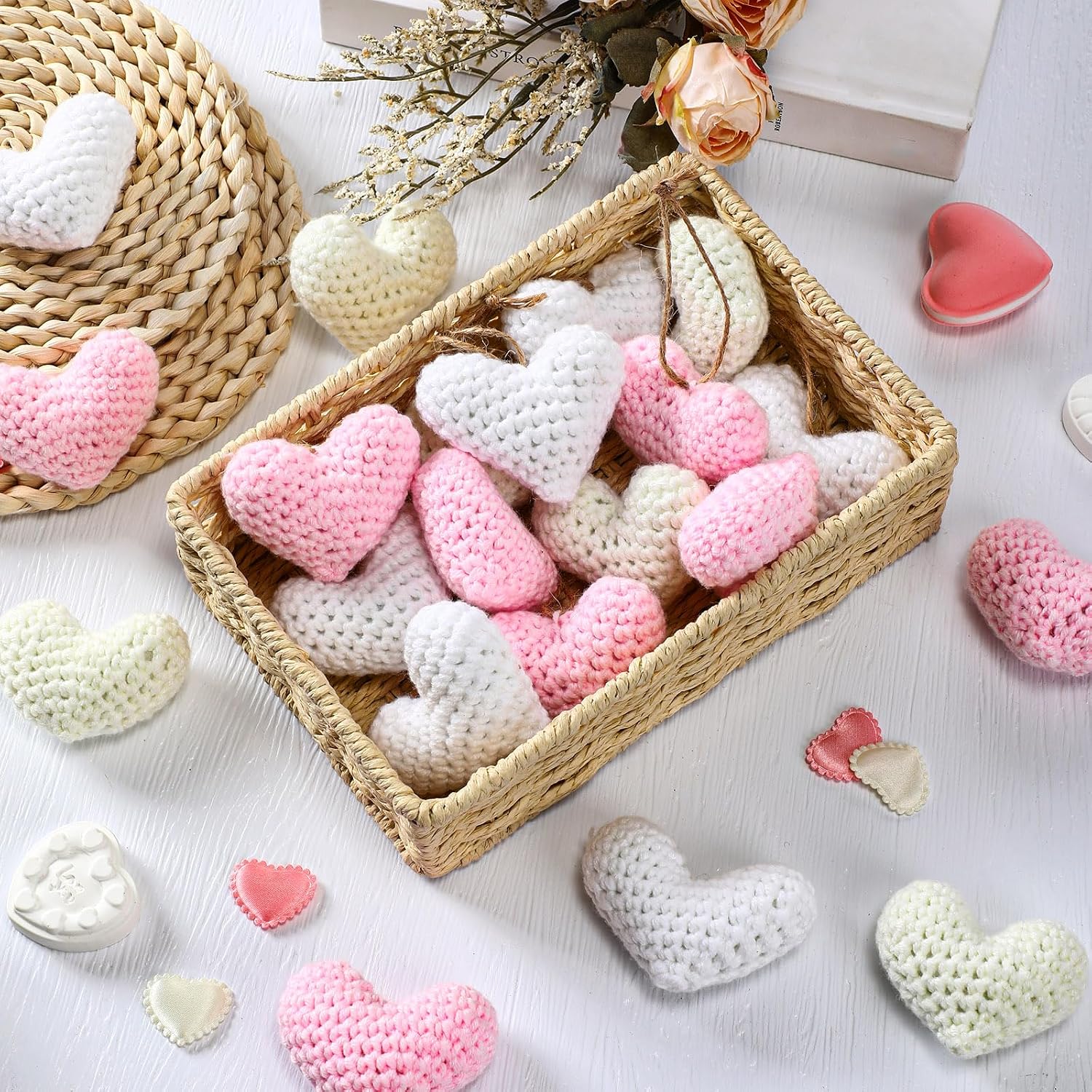 Briwooody 24 Pcs Valentine's Day Heart Ornaments Knitted Crochet Heart Tree Ornament 2.56 Inch Handmade Pink Cream White Valentine Bowl Vase Filler Valentine Gift for Home Christmas Tree Wreath Decor