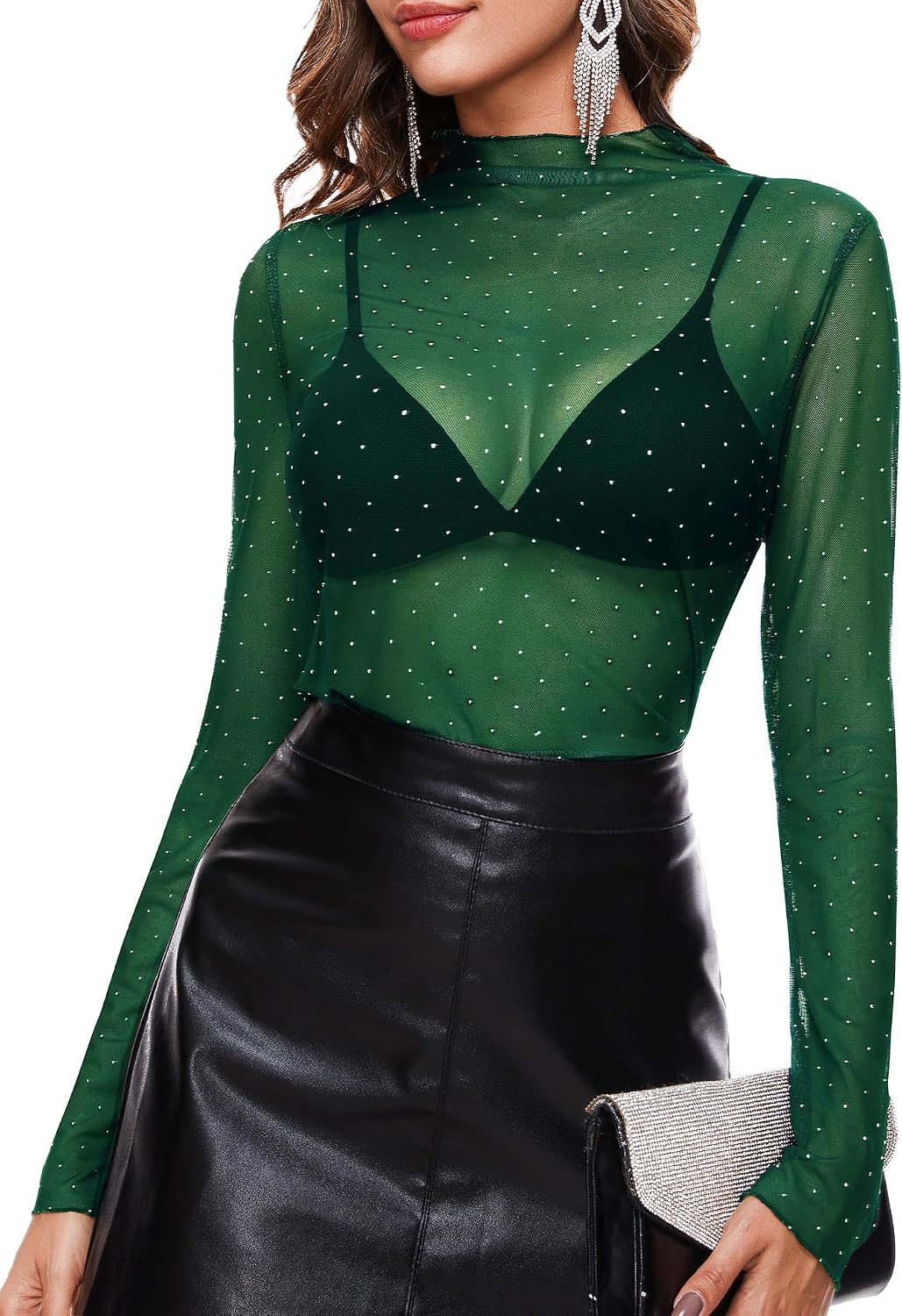 BBX Lephsnt Womens Sheer Mesh Layering Top Sparkle Long Sleeve Shirts Mock Neck See Through Tee Shirt