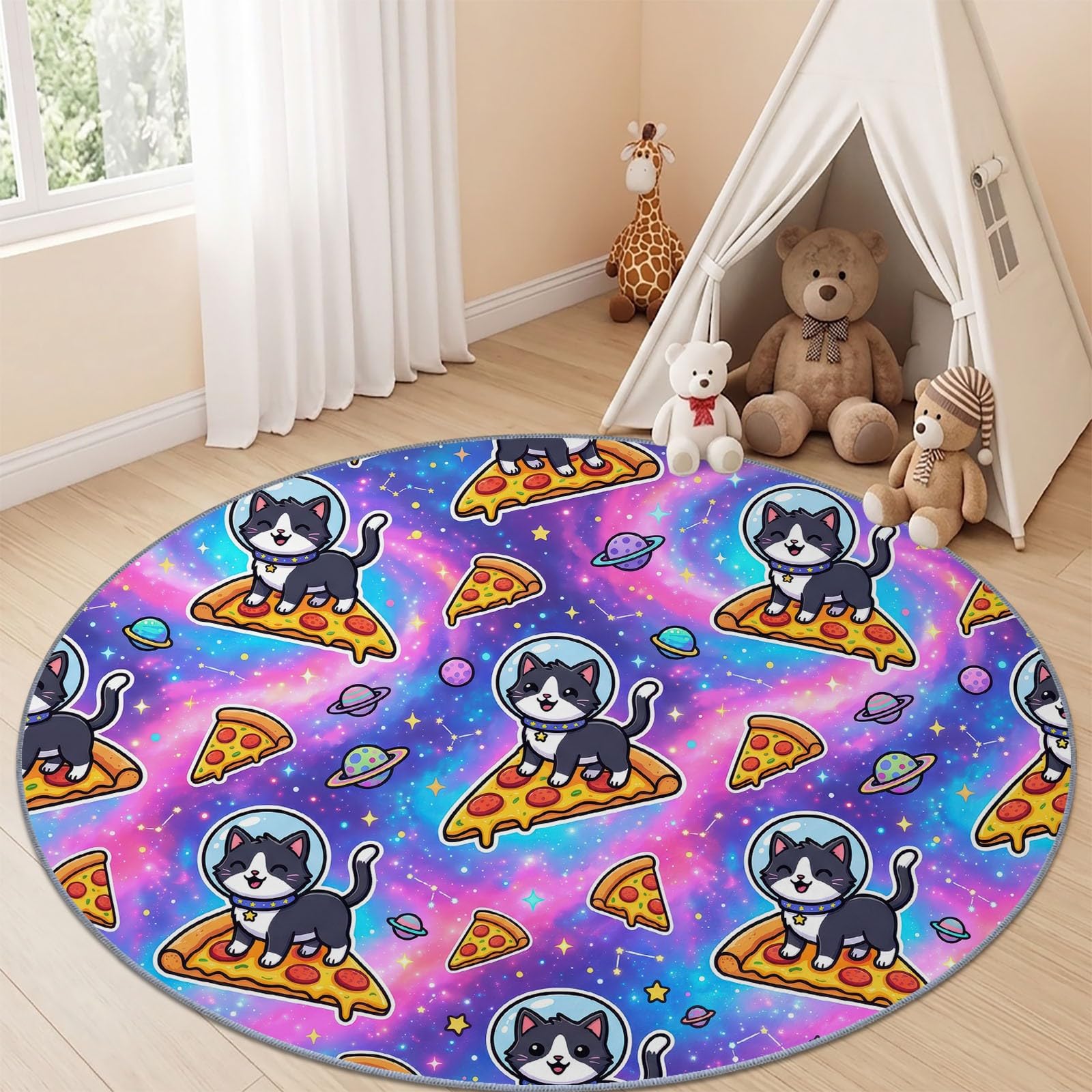 Générique Tapis Rond Multicolore 120 cm, Tapis à Poils Courts Lavable, Rond, Antidérapant et Doux, Design Animal Nourriture Chaton Ludique en Dessin Animé & Galaxie pour Amoureux des Animaux