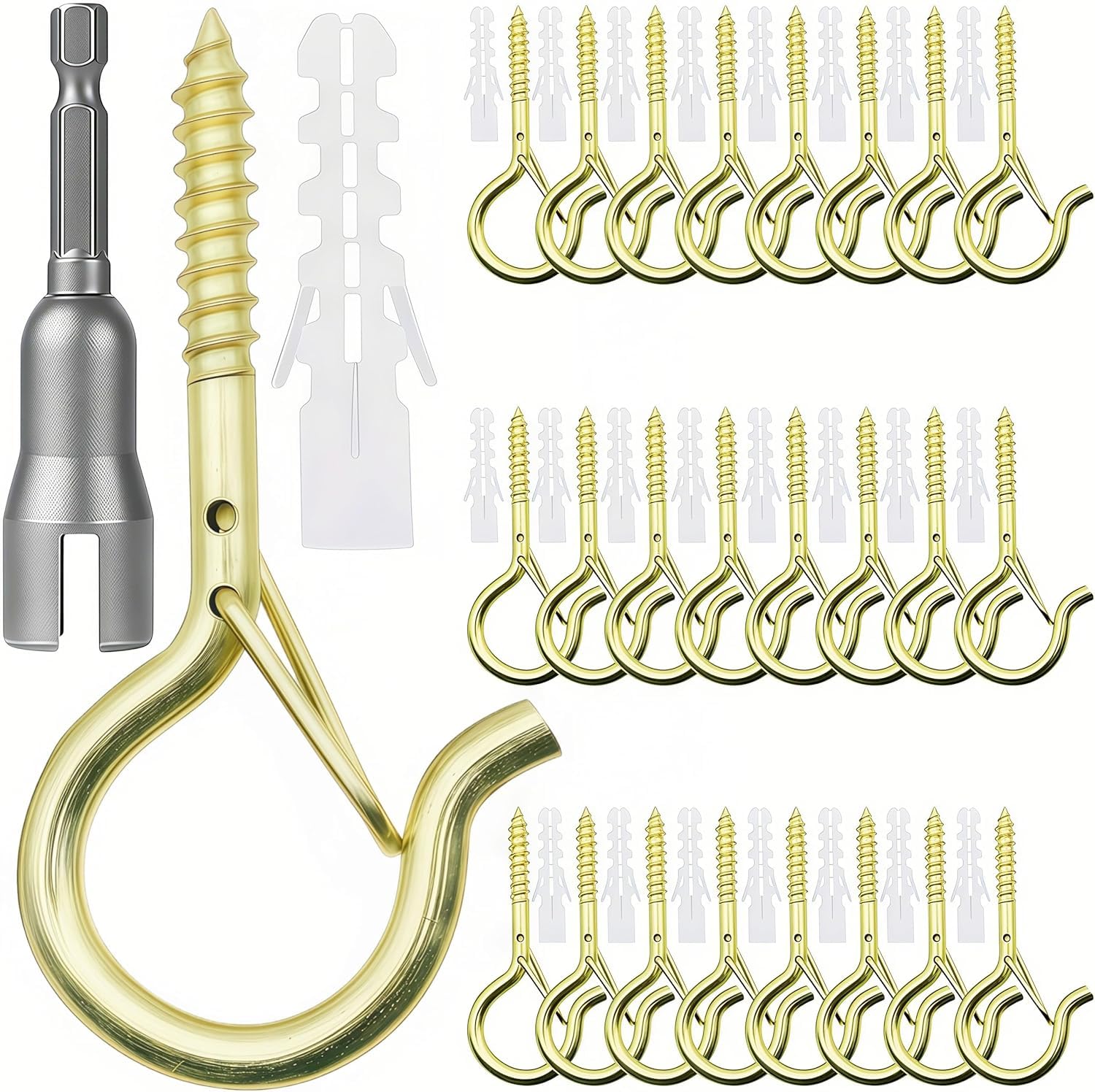 Mostantu 25 Pack Q-Hanger Hooks Kit, 25Pcs Screw-in Hooks and 25Pcs Plastic Install Anchors with Wing Nut Driver for Hanging Christmas Lights, Plants (Gold)