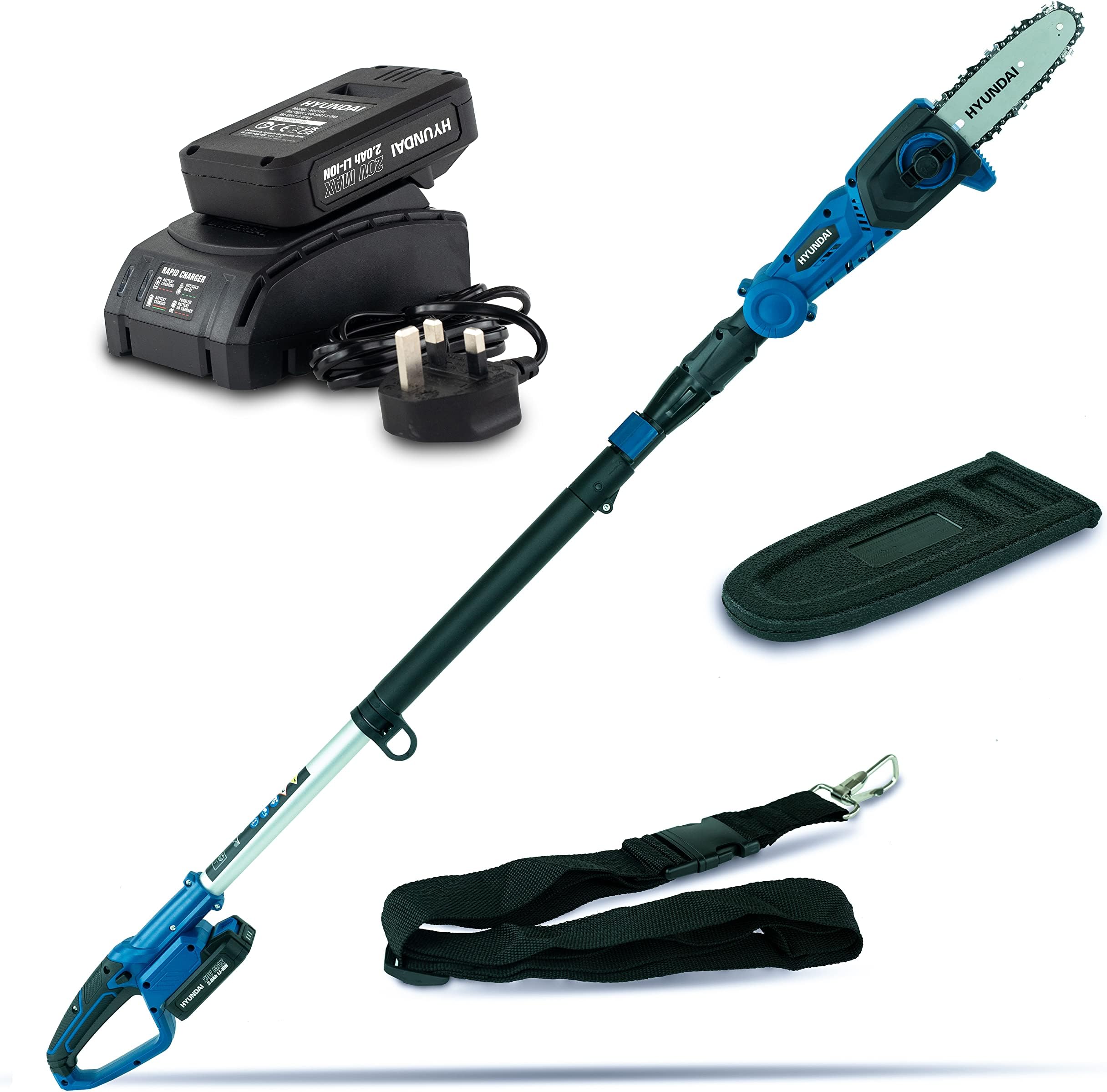 Hyundai Cordless Pole Saw Pruner, 2.3m Long Reach Chainsaw, 20V 2Ah Li-Ion Battery, Adjustable Cutting Angle, 3 Year Warranty