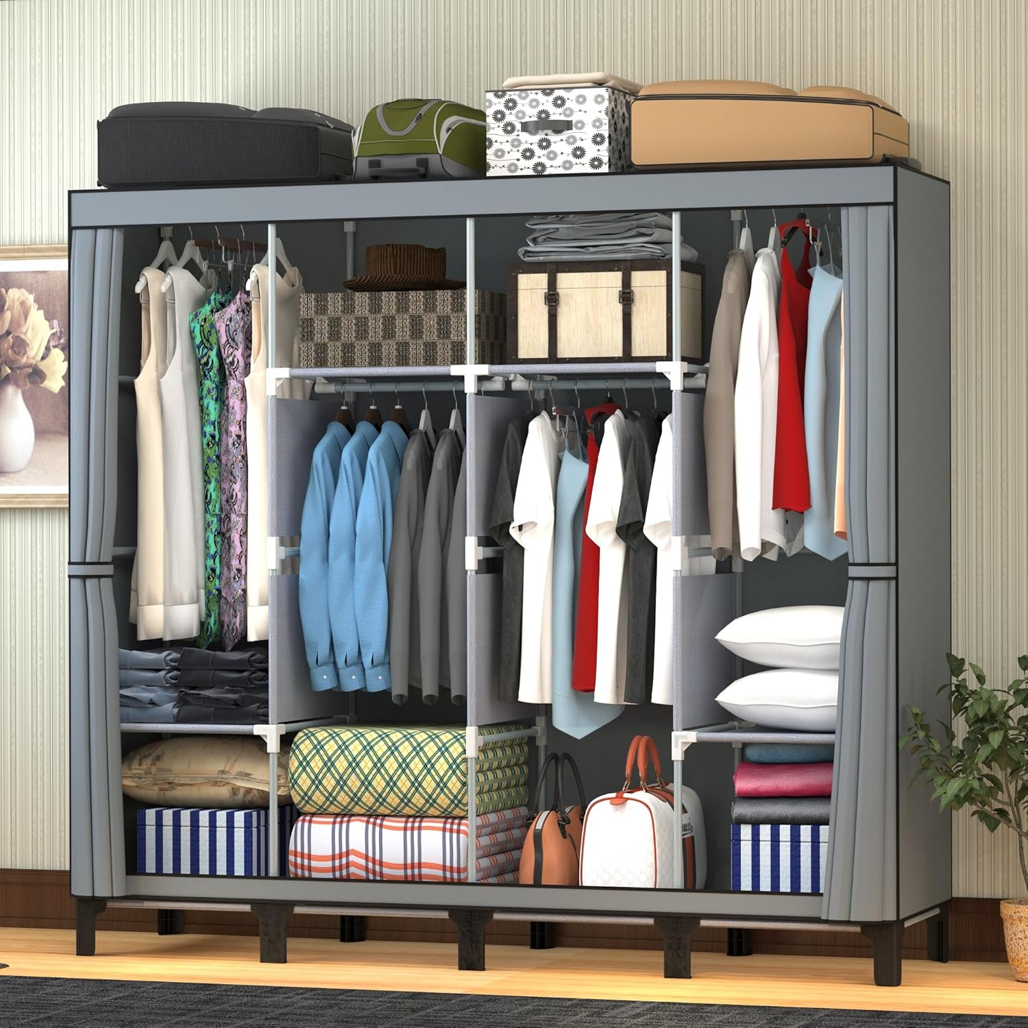 Non-Woven Wardrobe, No Tools Required, Large Capacity, Easy Assembly, Movable, Storage Rack, Waterproof, Dustproof, Stain Resistant, Black, 67.7 x 172 cm (Grey, X-Large)