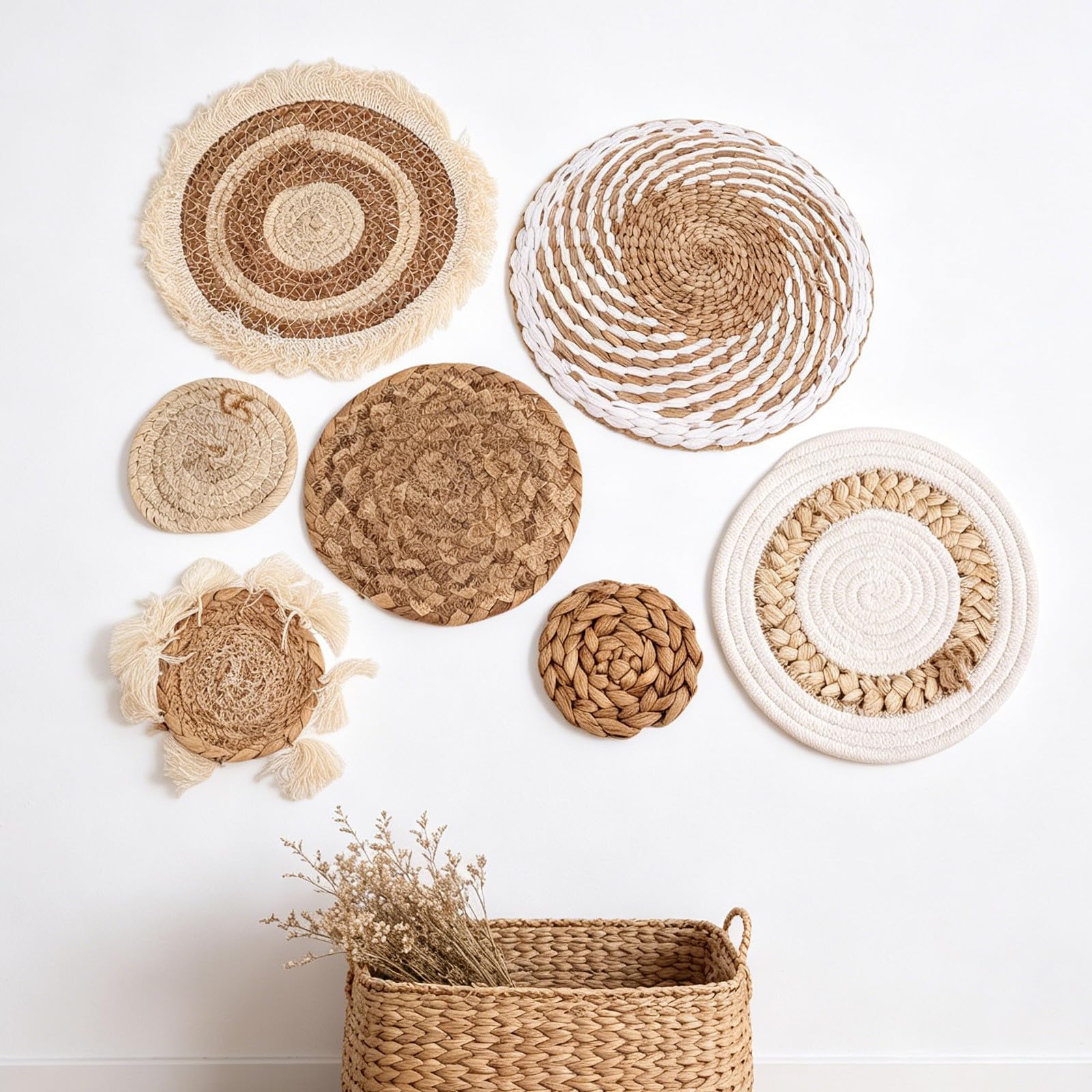 Levemolo Decoración de Pared Bohemia de Ratán Beige para Sala de Estar Estilo Farmhouse 7 Piezas de Cestas Circulares Instalación Sencilla y Ambiente Acogedor