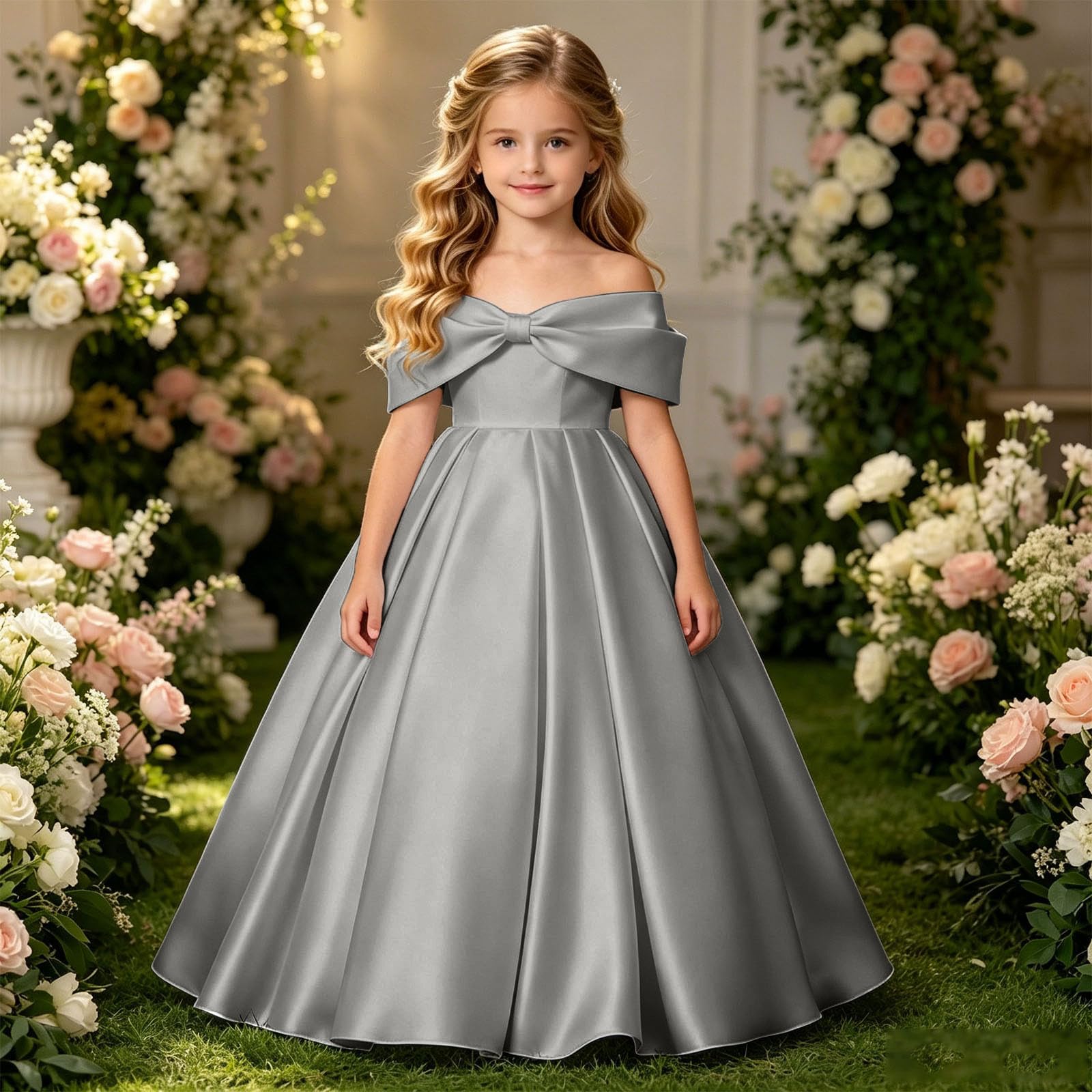 Vestido NiñA Elegantes, Vestido NiñA Ceremonia Lunares, Vestidos De Fiesta Largo hasta El Suelo Color Liso con Hombros Descubiertos Y Un Gran Lazo Mayores Dresses Summer Dress Dress Vestidos Verano