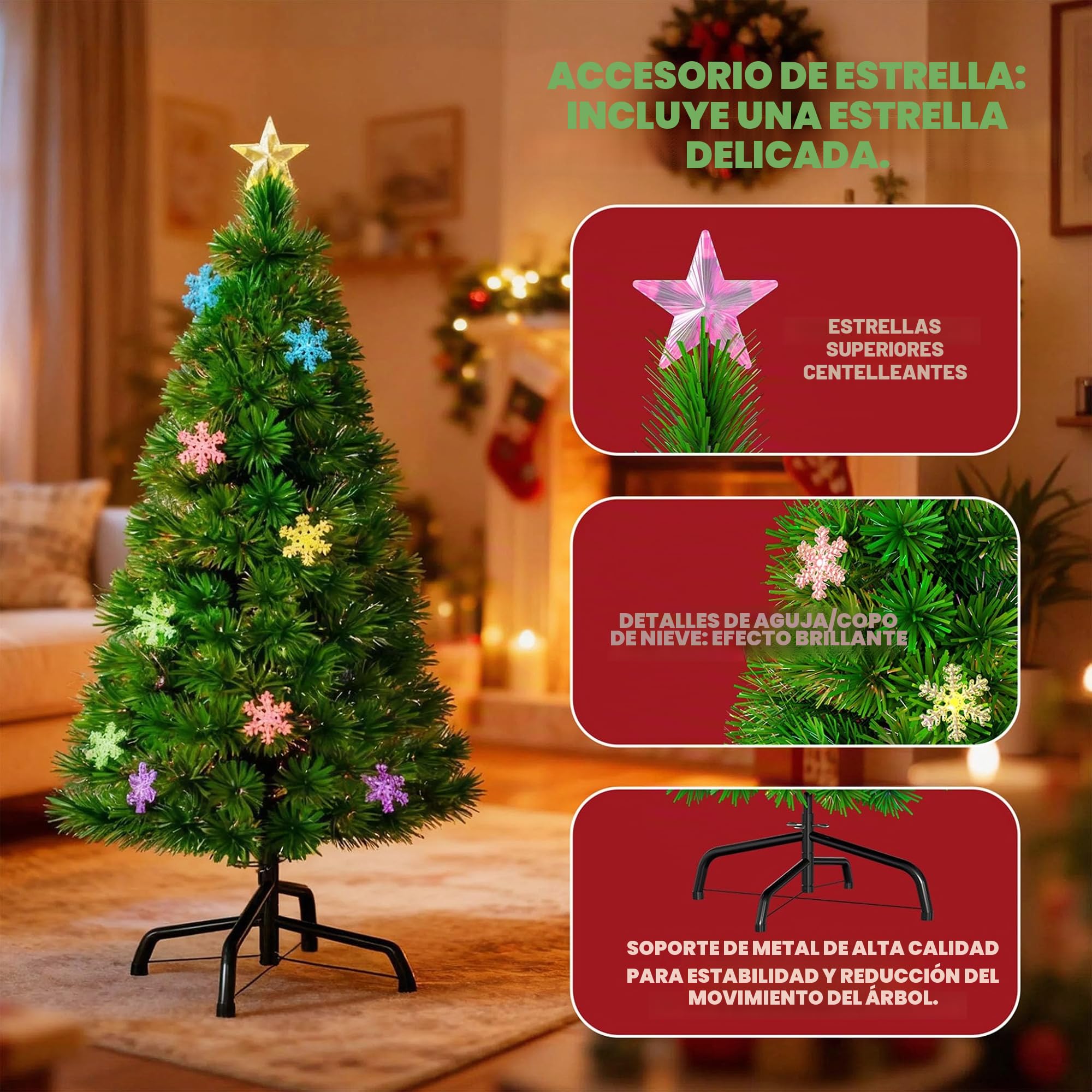 UISEBRT Árbol de Navidad Artificial con Luces LED Multicolor - Árbol de Navidad Decorativo (210cm, Fibra óptica & Copos de Nieve)