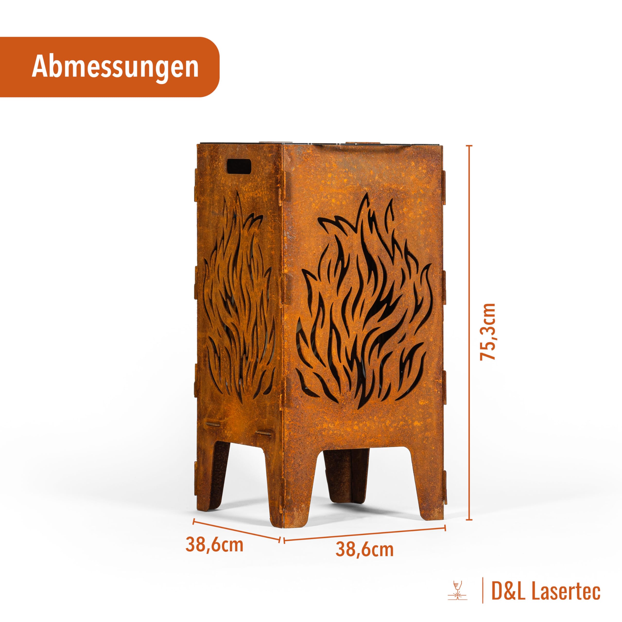D&L Lasertec Feuertonne aus 3mm Stahl mit Flammenmuster, inklusive Grillrost, Edelrostdeko für den Garten, Grillschale