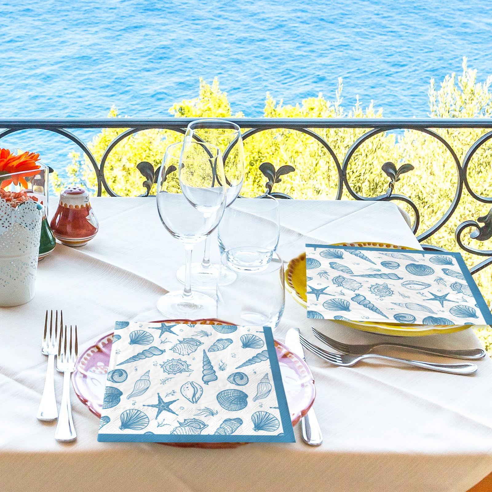 AnyDesign 100 sztuk papierowych serwetek podmorskich rozgwiazda muszla jednorazowe serwetki niebieski ocean plaża tematyczne serwetki obiadowe letnia dekoracyjna serwetka do rąk na artykuły imprezowe