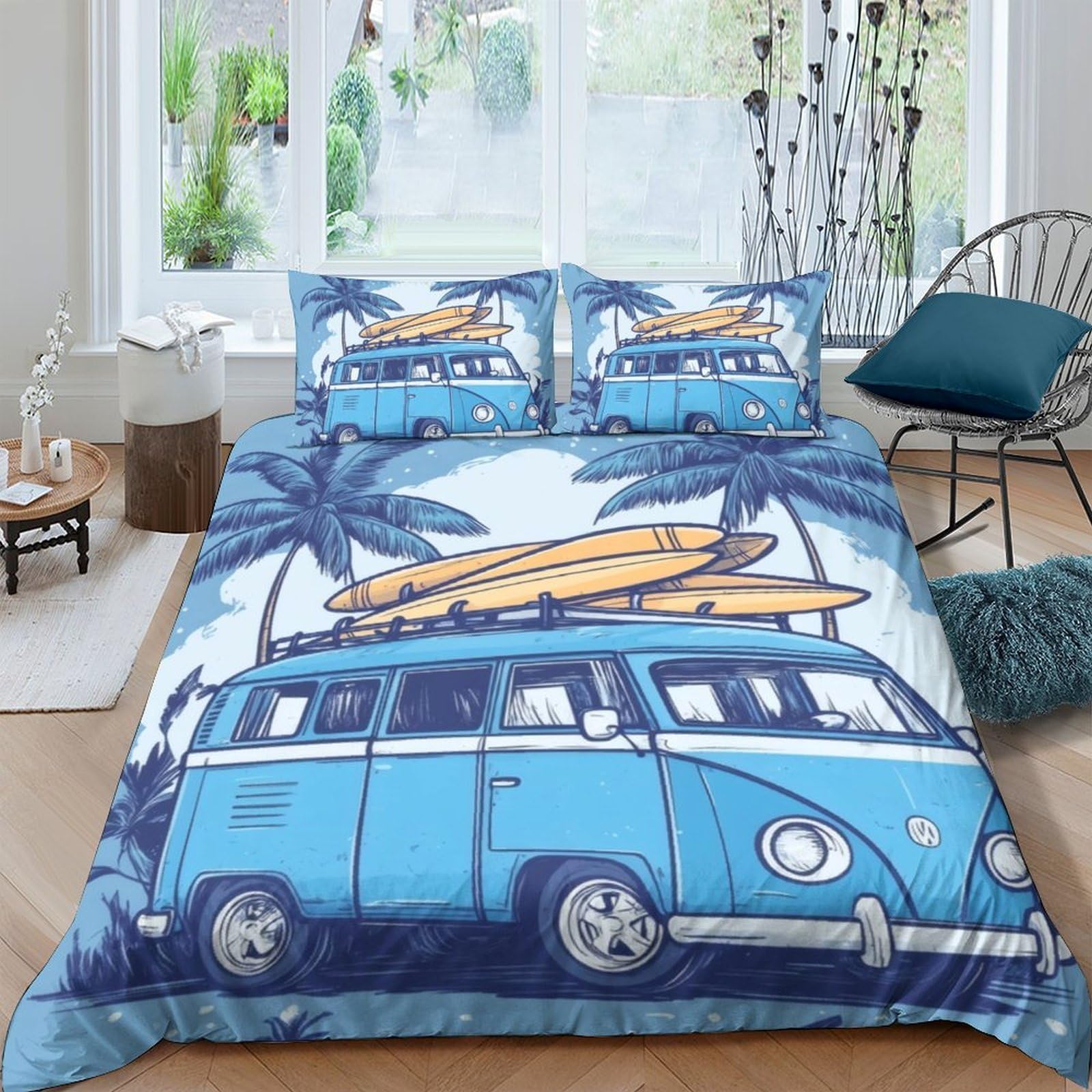 Ctjqhvkz Style-1 3D Printed Blue Camper Van Fitted Sheet Microfiber Soft Breathable Palm Tree Bed Cover For Bedroom Dorm Decor Single（135X200cm）