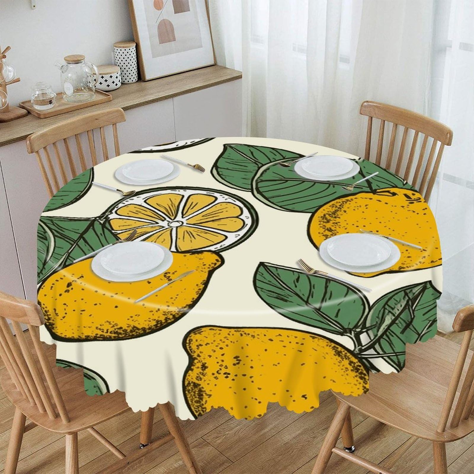 FekiLoot Lemon Fruit Pattern Round Tablecloths 60 Inch Resistant Washable Polyester Table Cloth Style Decorative Circle Fabric Table Cover for Dining Kitchen Party Farmhouse Outdoor