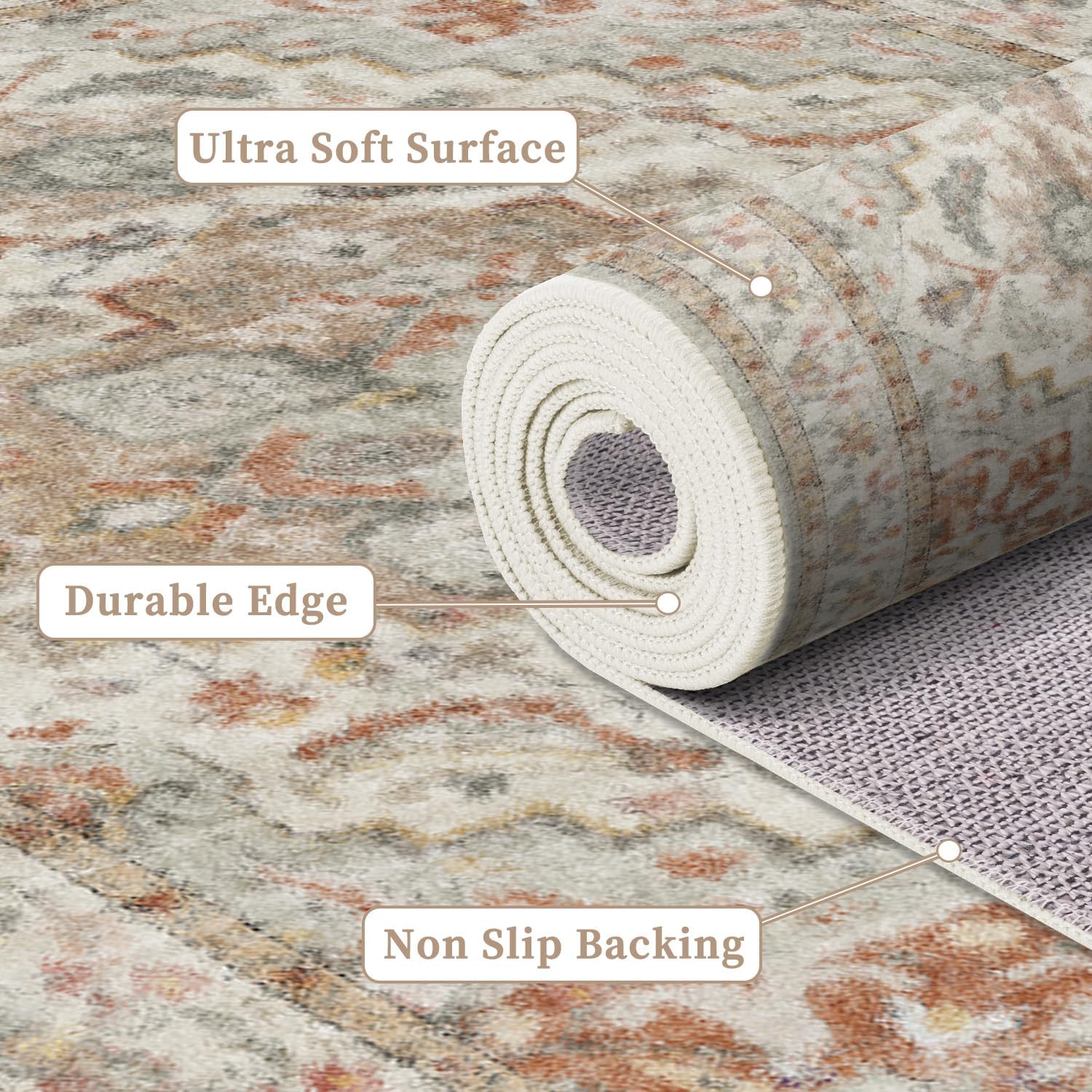 Enkor Area Soft Rugs 5x7 Washable Non Slip Boho Floor Rugs for Living Room Bedroom, Vintage Style Farmhouse Mat for Kitchen Entryway Beige & Orange