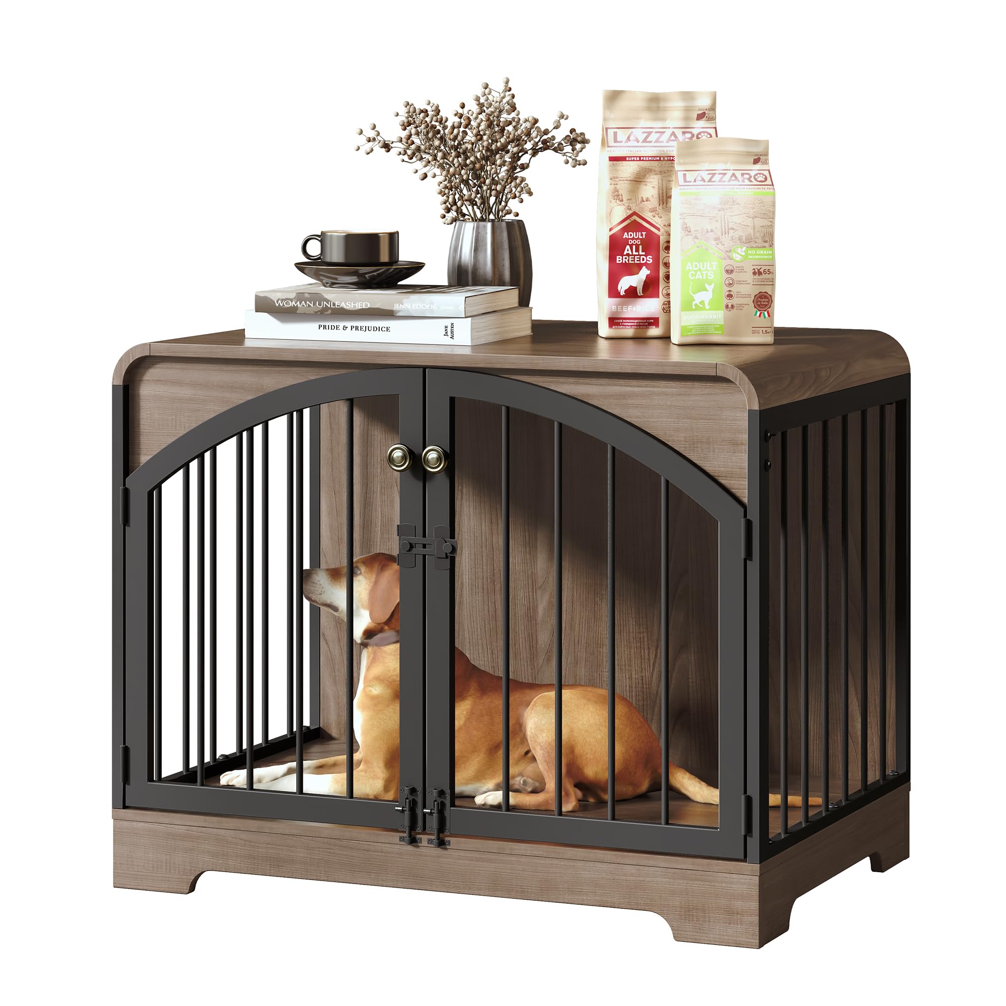 31.5" Farmhouse Dog Crate Furniture for Small Dogs, Decorative Pet House End Table, Wooden Dog Kennel Furniture Indoor, Light Walnut