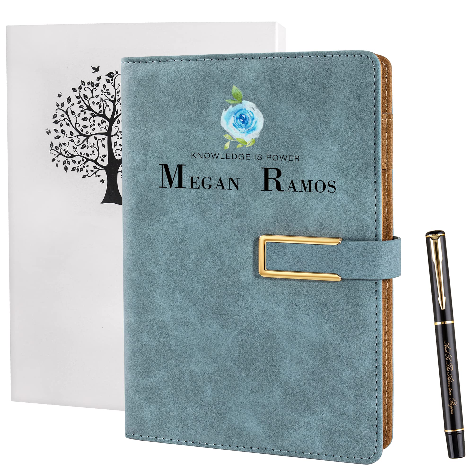Fanery Sue Refillable Writing Personalized Journal Cover for Men & Women Faux Leather Hardcover A5 with Magnetic Buckle - No Refill Page Included (Sky Blue-Rose)